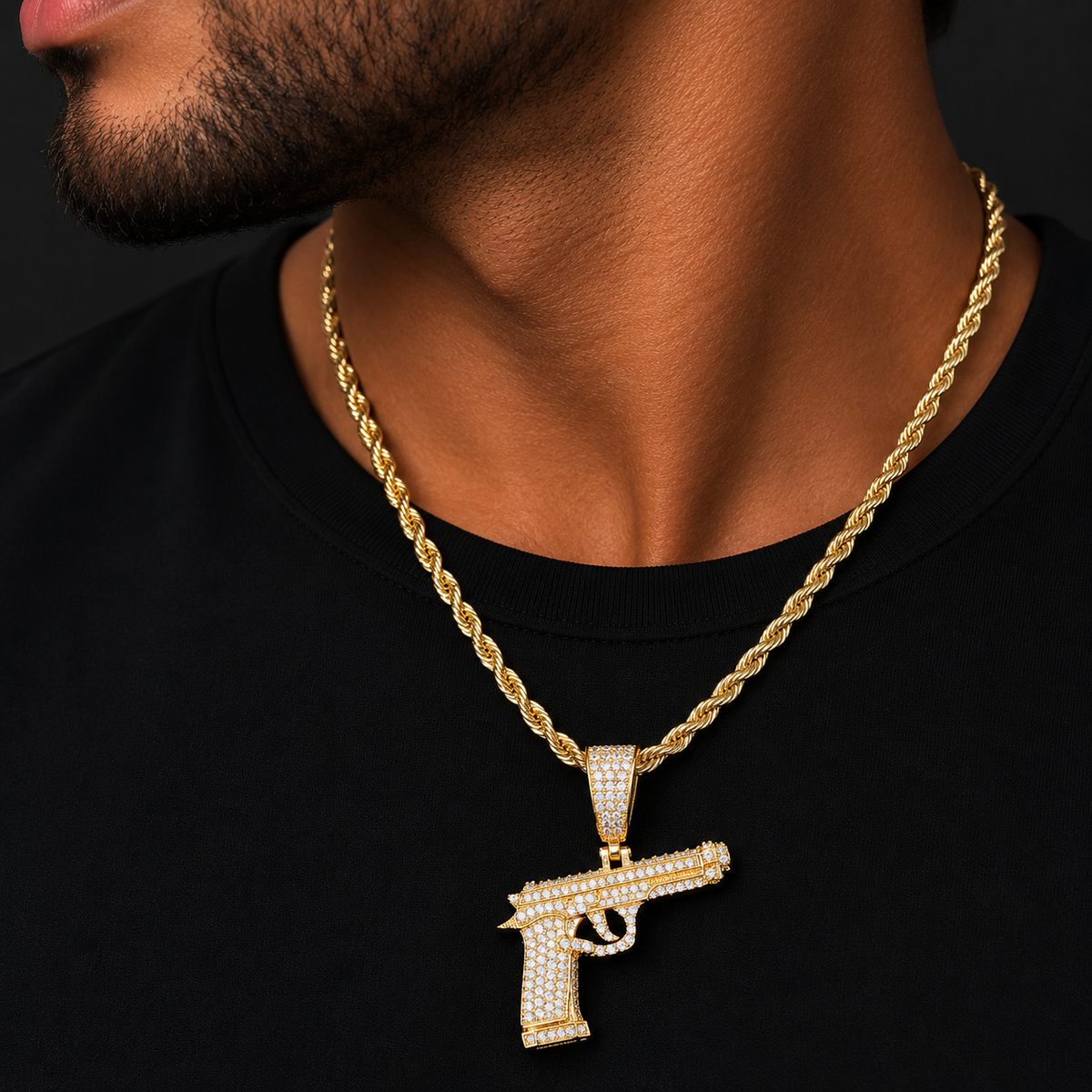 Bubble Letter Iced Out Gun Necklace Pendant for Men Street Culture Prong Setting Charm Cubic Zirconia Hip Hop Jewelry