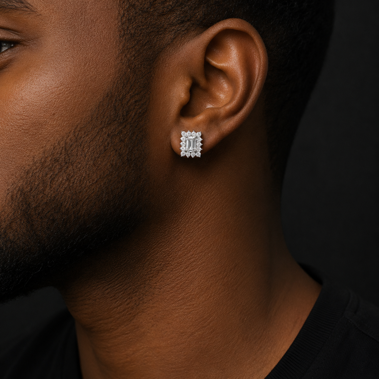 Bubble Letter Silver Moissanite VVS Edge Baguette Stud Earring for Men Hip Hop Jewelry