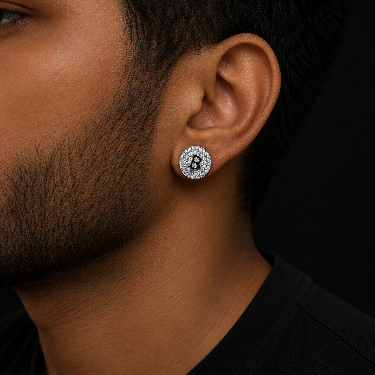 Bubble Letter Silver Moissanite VVS Bitcoin Stud Earring for Men Hip Hop Jewelry
