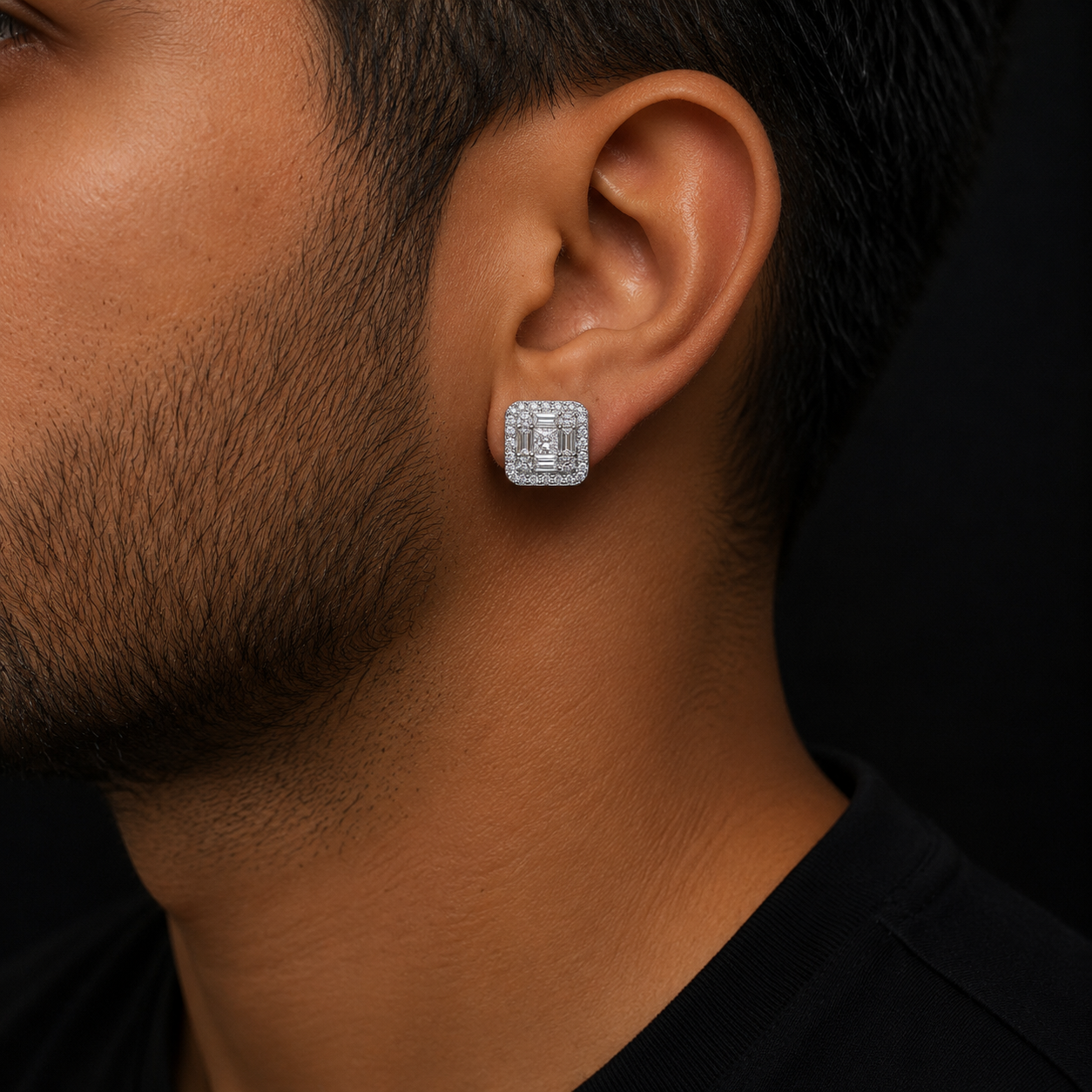 Bubble Letter Silver Moissanite VVS Square Baguette Stud Earring for Men Hip Hop Jewelry