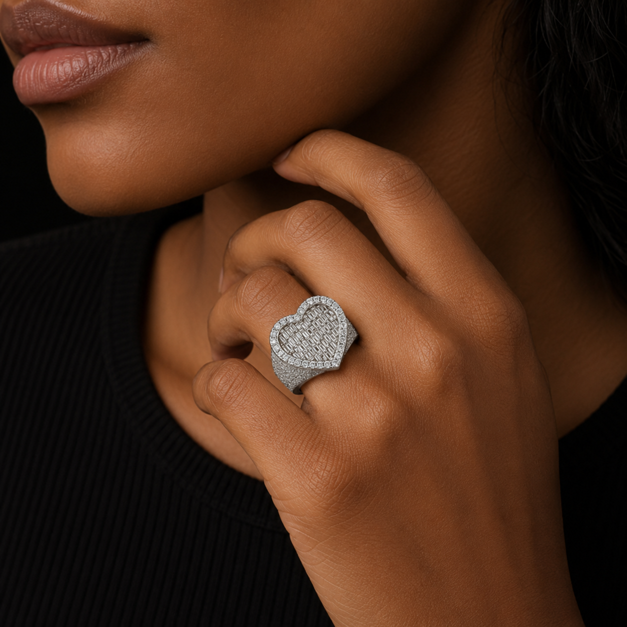 Bubble Letter Silver Moissanite VVS Baguette Heart Ring for Women Hip Hop Jewelry