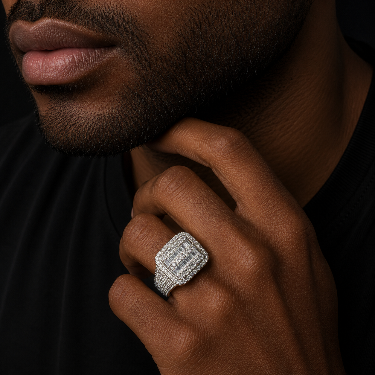 Bubble Letter Silver Moissanite VVS Square Baguette Ring for Men Hip Hop Jewelry