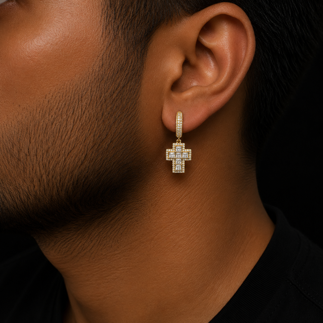 Bubble Letter Silver Moissanite VVS Baguette Cross Eardrop Earring for Men Hip Hop Jewelry