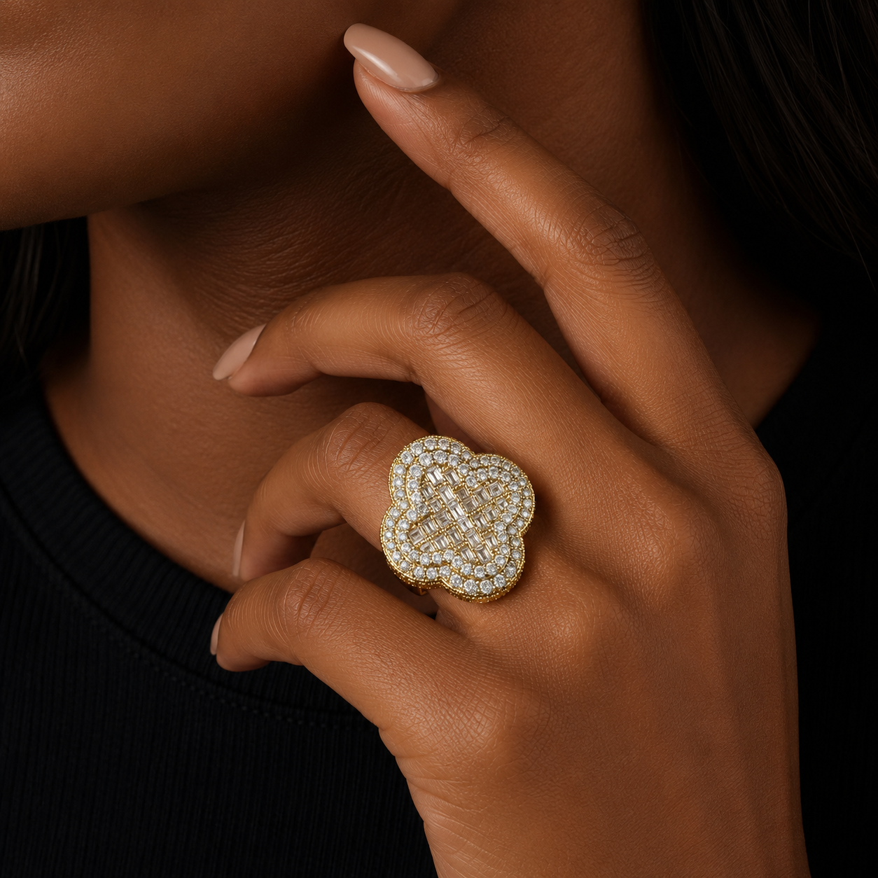 Bubble Letter Silver Moissanite VVS Baguette Flower Ring for Women Hip Hop Jewelry