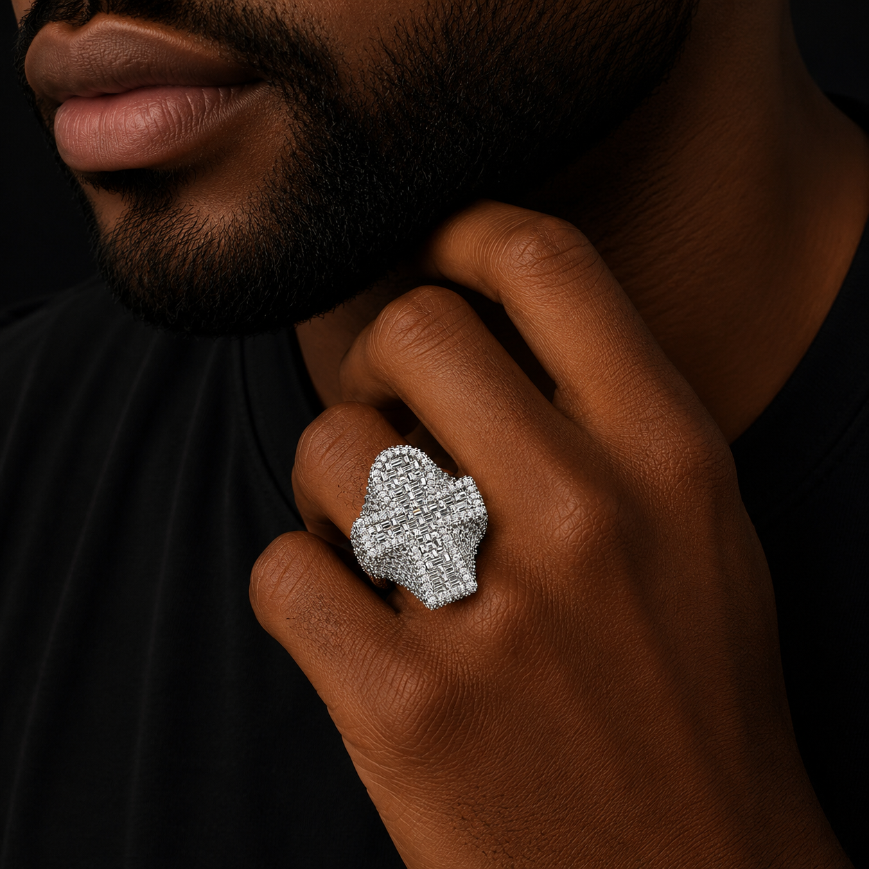 Bubble Letter Silver Moissanite VVS Baguette Ankh Cross Ring for Men Hip Hop Jewelry