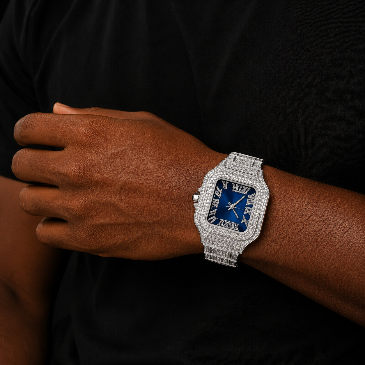 Bubble Letter SQUARE BLUE DIAL VVS NUMERALS ICE OUT DIAMOND WATCH