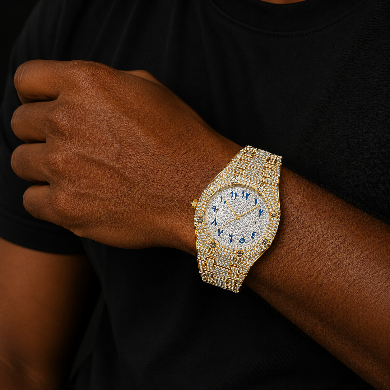 Bubble Letter BUST DOWN DATE ARABIC NUMERALS VVS ICE OUT DIAMOND WATCH