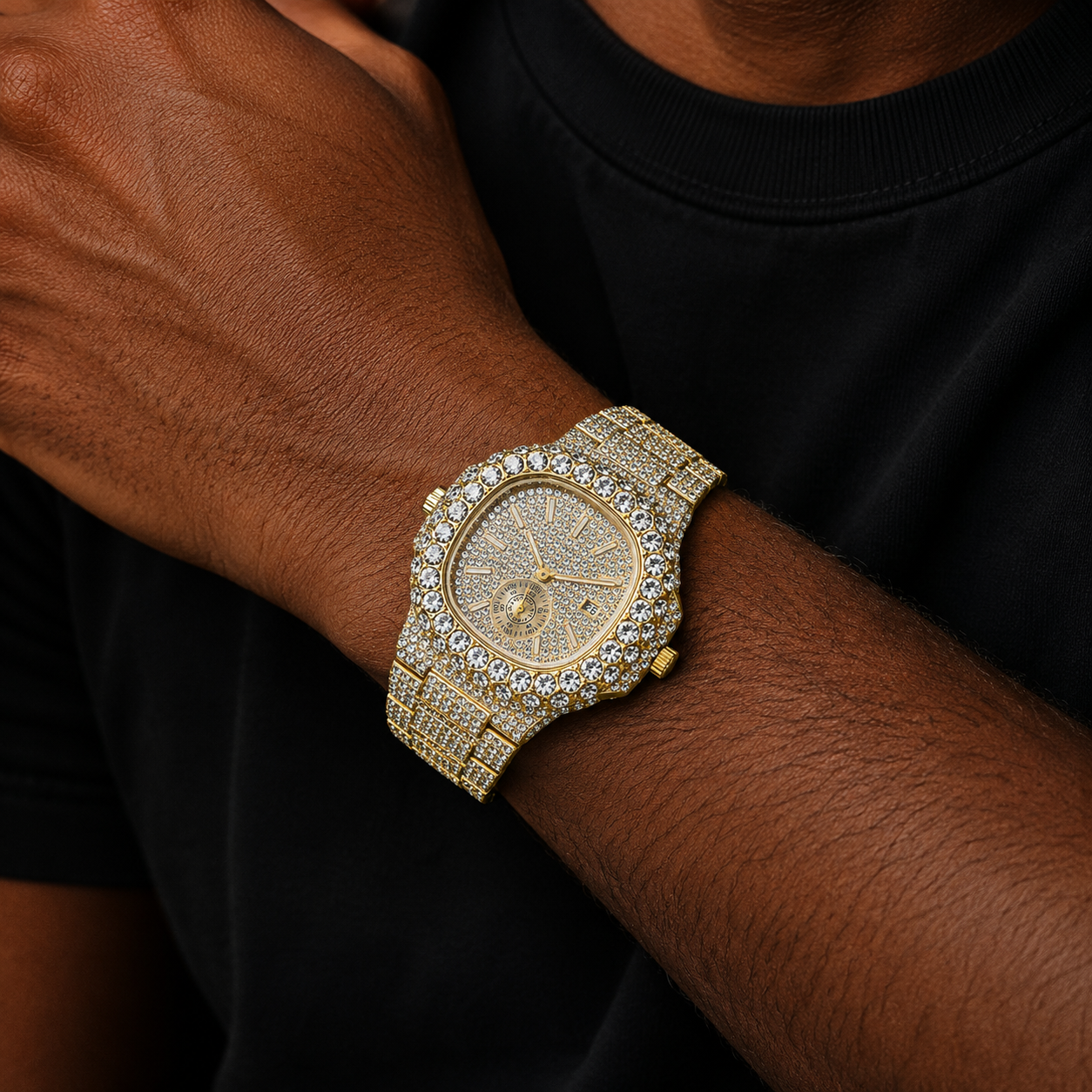 Bubble Letter VVS FULL ICE DATE SPECIAL MINUTE HAND ICED OUT DIAMOND WATCH