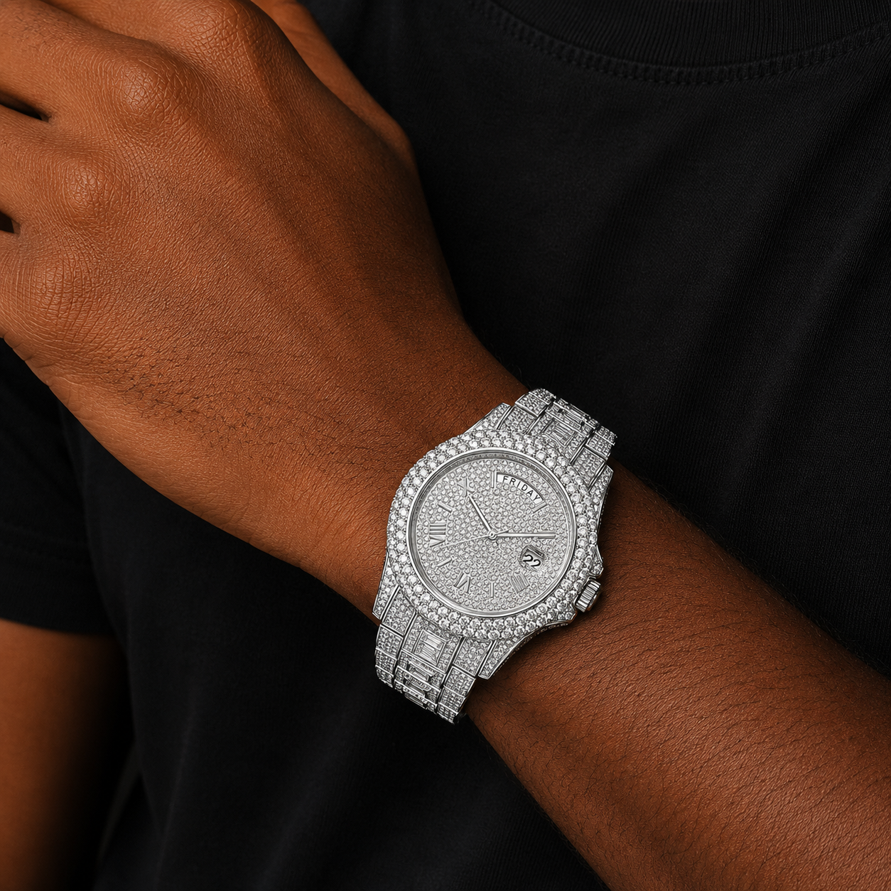 Bubble Letter DAY DATE ROMAN NUMERALS VVS ICED OUT DIAMOND WATCH