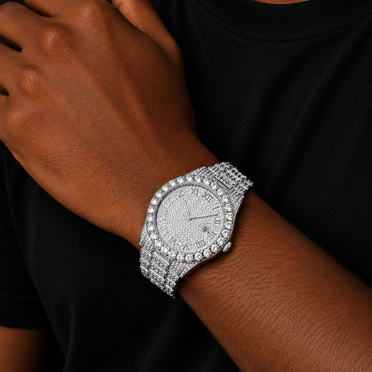 Bubble Letter BLING TENNIS BODY ROMAN NUMERALS ICED OUT DIAMOND WATCH