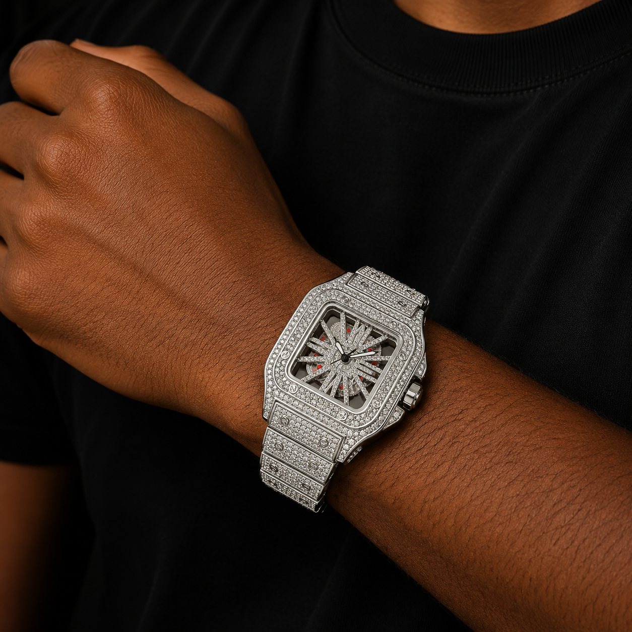 Bubble Letter SKELETON RED DIAL VVS ICED OUT DIAMOND DESIGNER WATCH