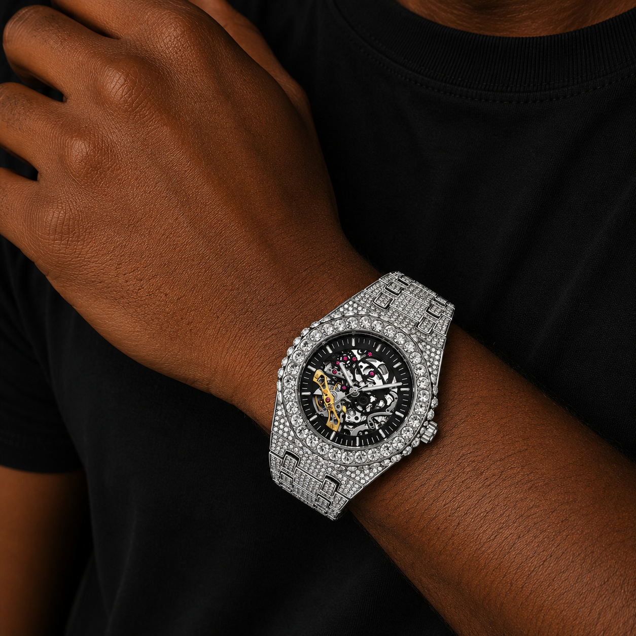 Bubble Letter SELF-WIND MECHANICAL SKELETON ICED OUT DIAMOND WATCH