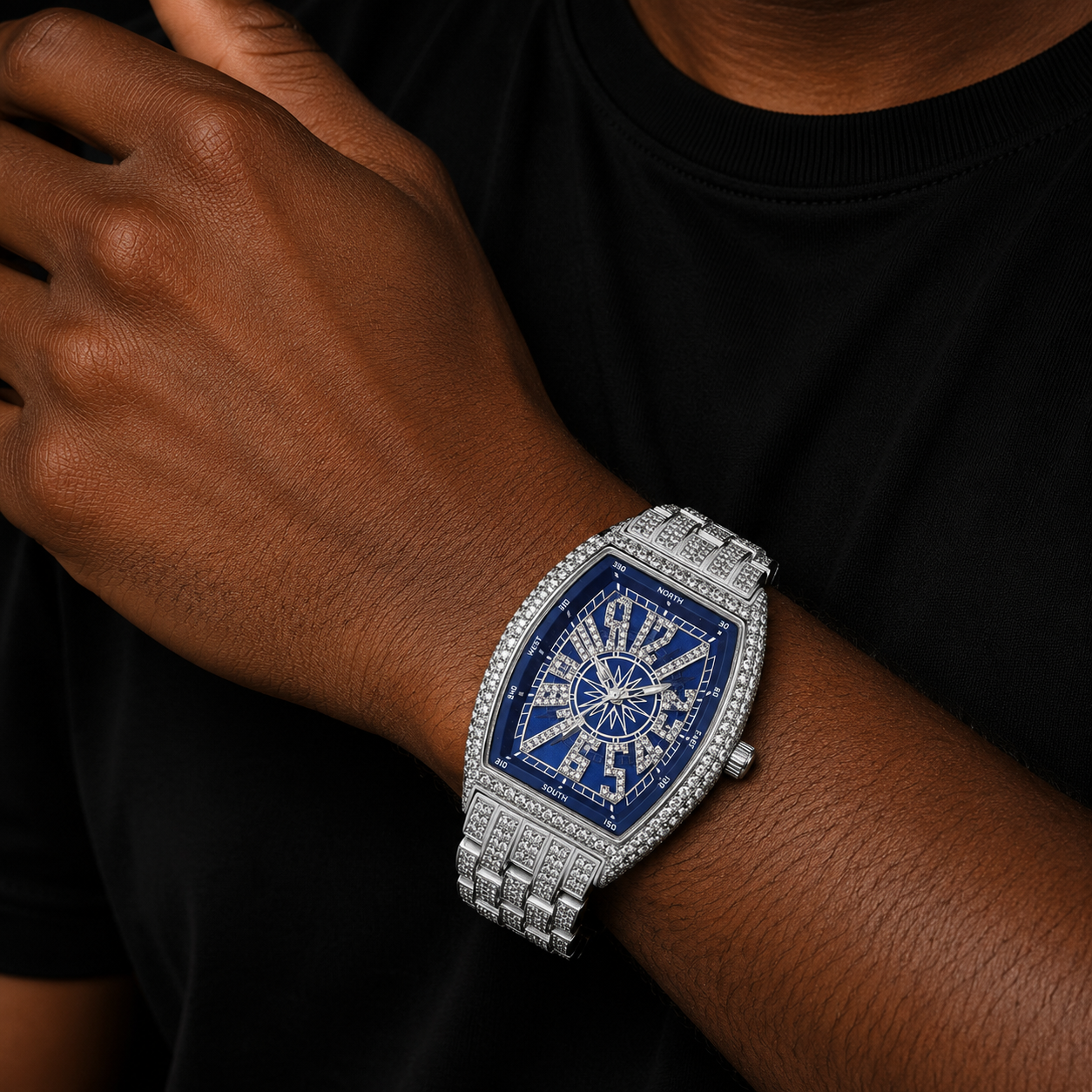 Bubble Letter STAR SKY COMPASS DIAL BLING ICED OUT DIAMOND WATCH