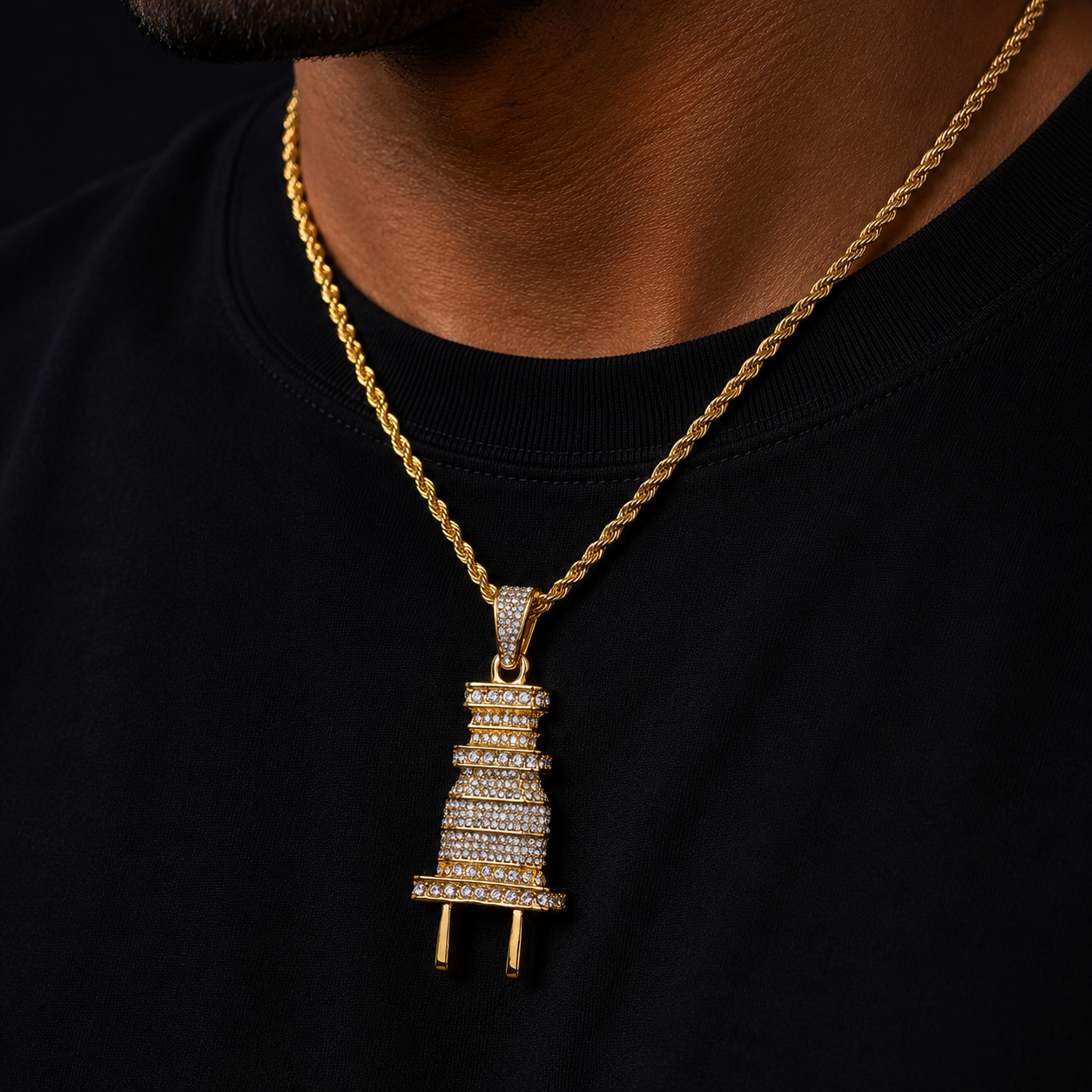 Bubble Letter Men's Iced Bling Plug Pendant Necklace Gold Color Charms Micro Pave Full Rhinestone Hip Hop Jewelry