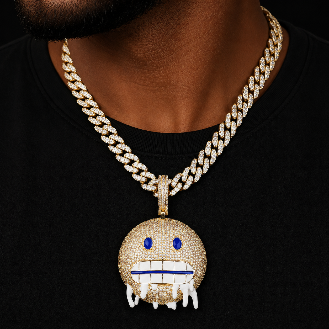 Bubble Letter Iced Out Necklace Pendant for Men Micro Pave Blue Eye Drippy Mouth Hip Hop Jewelry