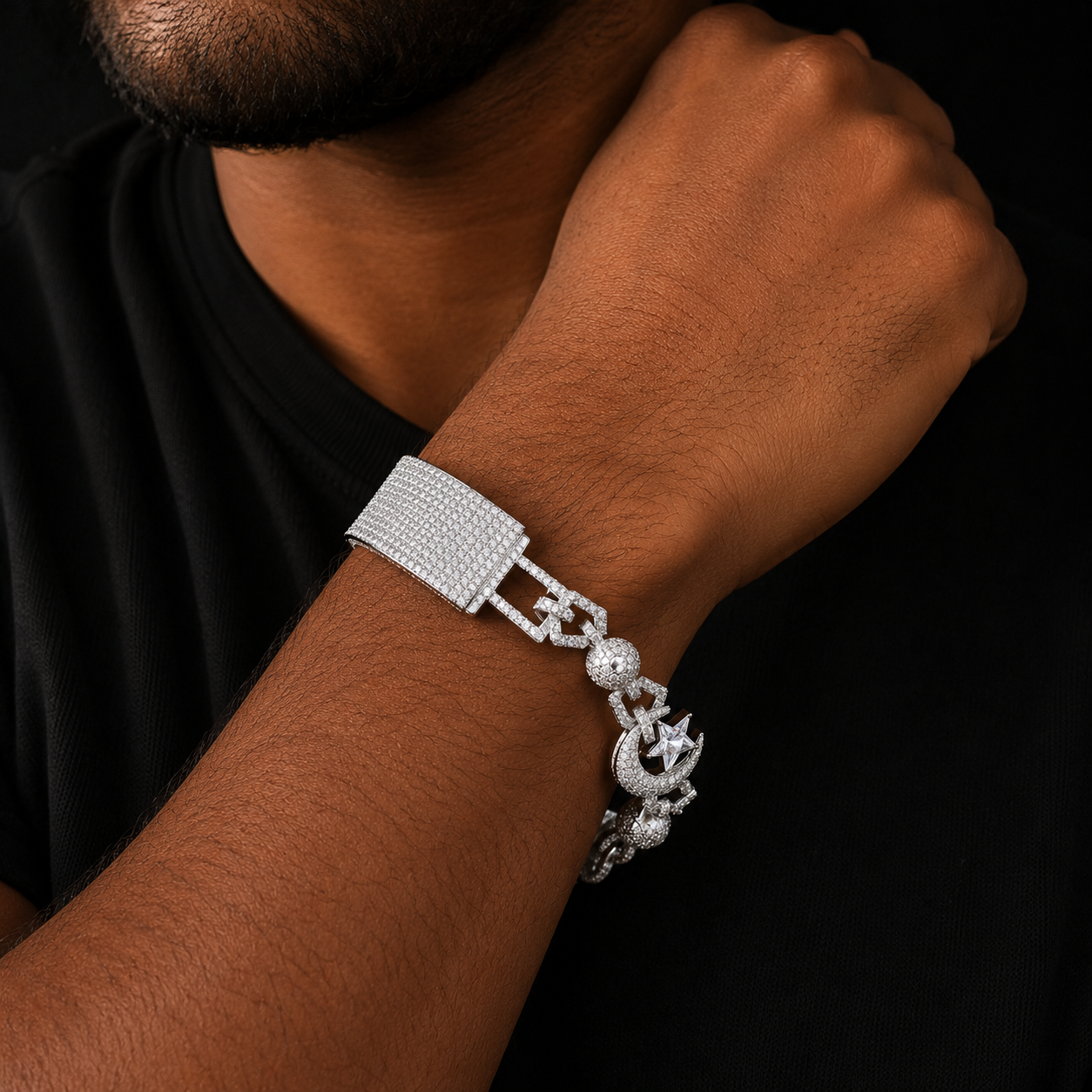 Bubble Letter Iced Out Moon Star Cuban Link Bracelet for Men Real Copper Cubic Zirconia Hip Hop Jewelry