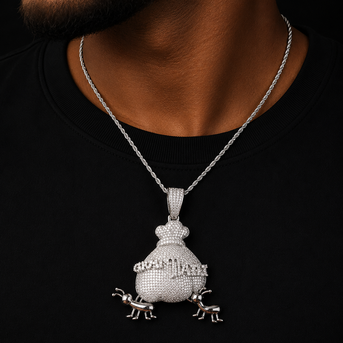 Bubble Letter Iced Out Ant Money Bag Necklace Pendant for Men Micro Pave Real Gold Plated Hip Hop Jewelry