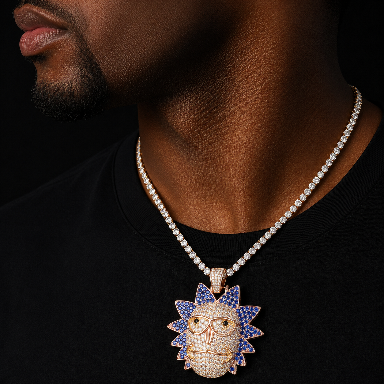 Bule lettebbr Men's Cartoon Character Face Pendant Iced Out Necklace Bling Cubic Zircon Personality Hip Hop Rock Jewelry