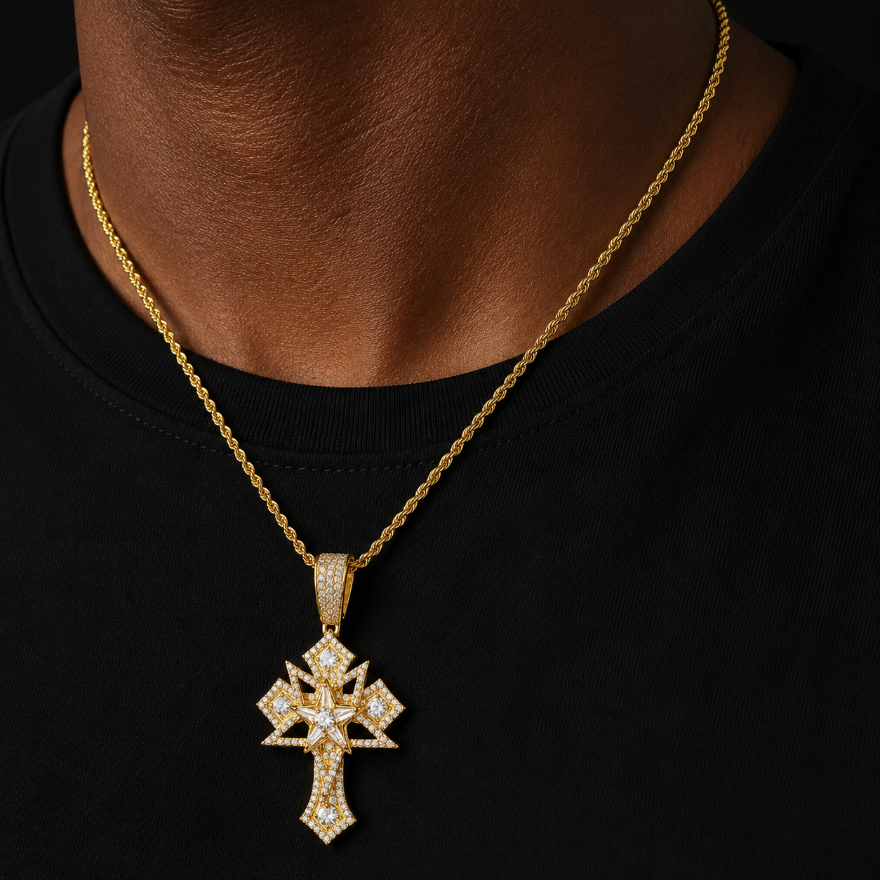 Bubble Letter Iced Out Star Cross Necklace Pendant for Men Prong Setting Cubic Zirconia Hip Hop Jewelry