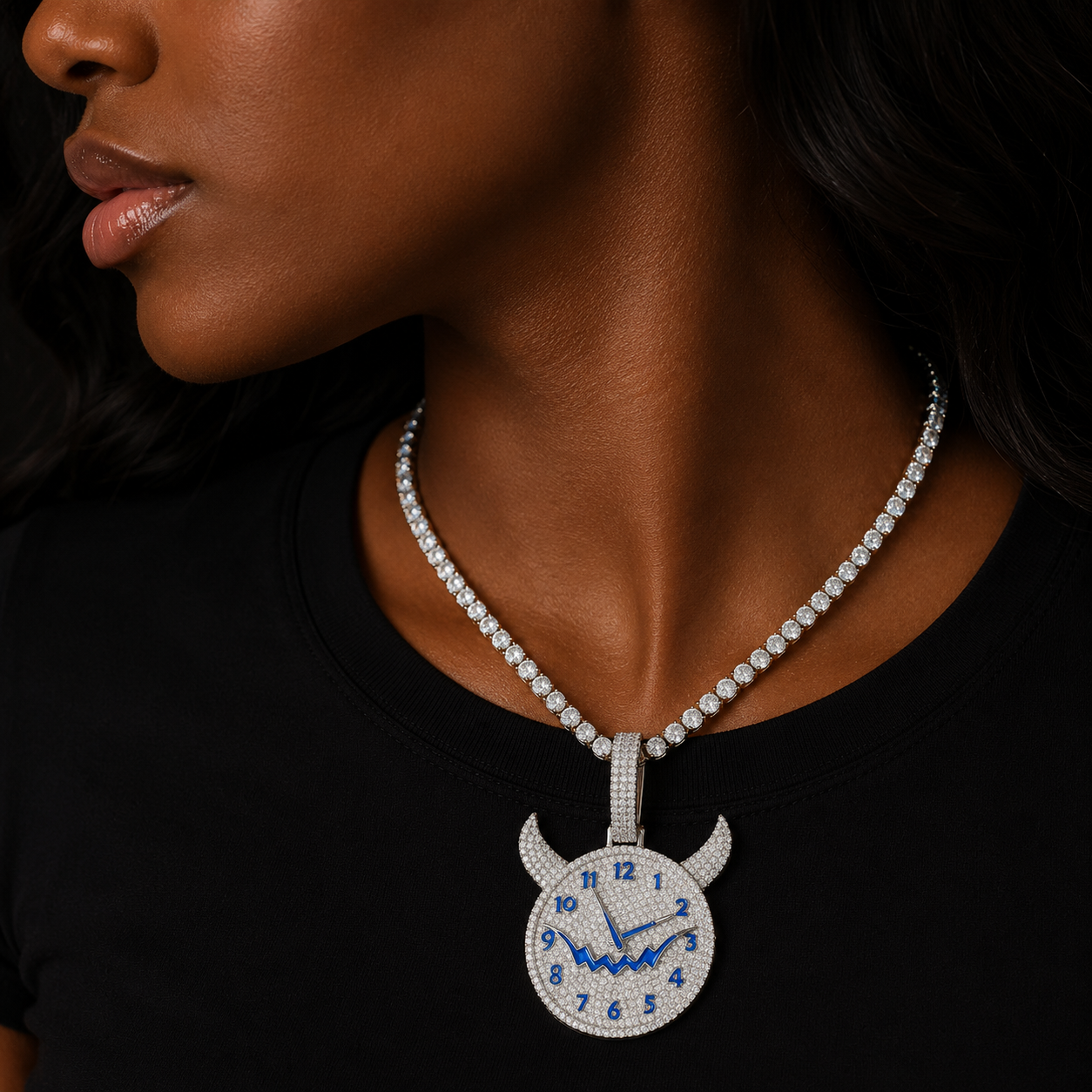 Bubble Letter Iced Out Evil Clock Necklace Pendant for Women Real Gold Plated Hip Hop Jewelry