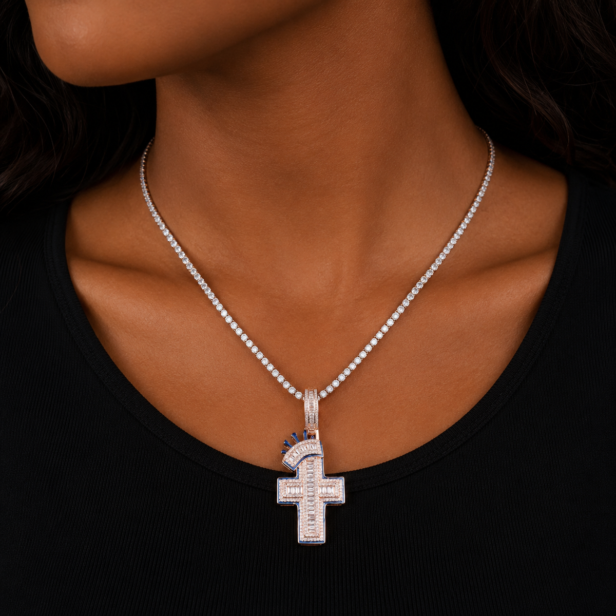 Bubble Letter Iced Out Cross Cross Necklace Pendant for Women Micro Pave Charms Bling Hip Hop Jewelry