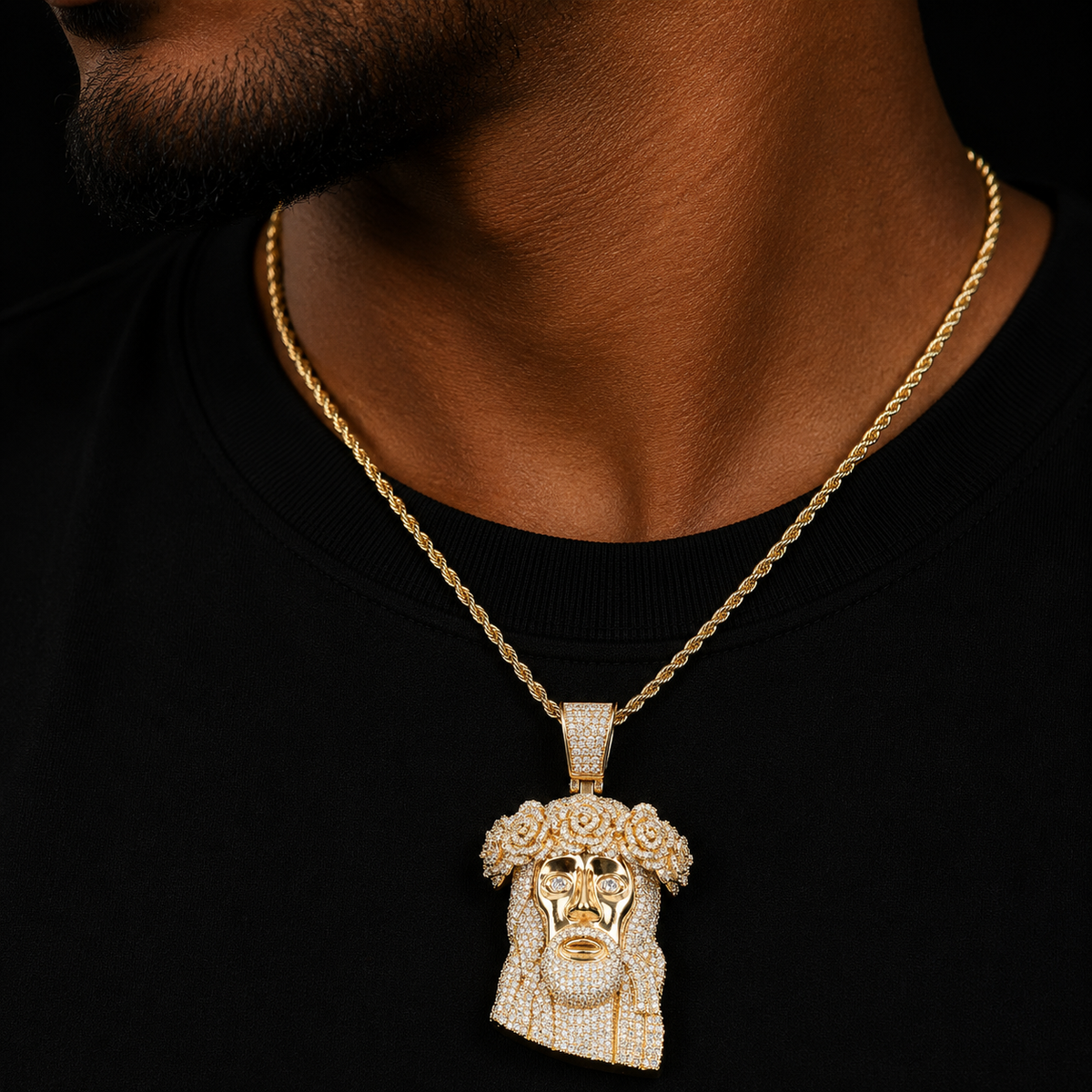 Bubble Letter Iced Out Rose Flower Jesus Necklace Pendant for Men Micro Pave Cubic Zirconia Hip Hop Jewelry