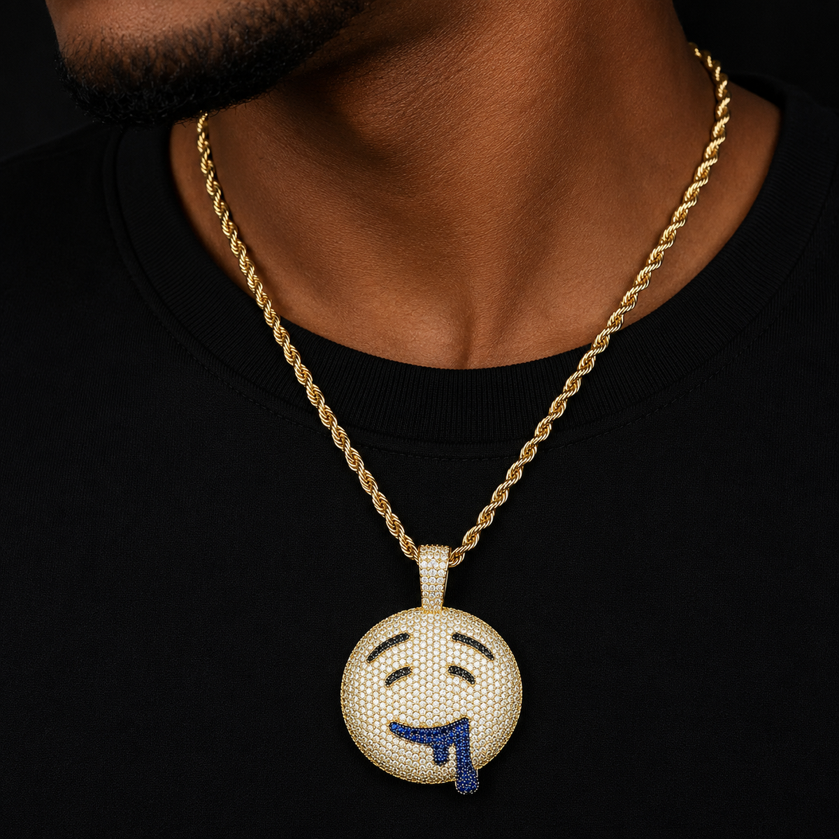 Bubble Letter Drool Round Face Pendant Gold Color Plated Charm Bling Cubic Zircon Men's Hip Hop Necklace Rock Jewelry