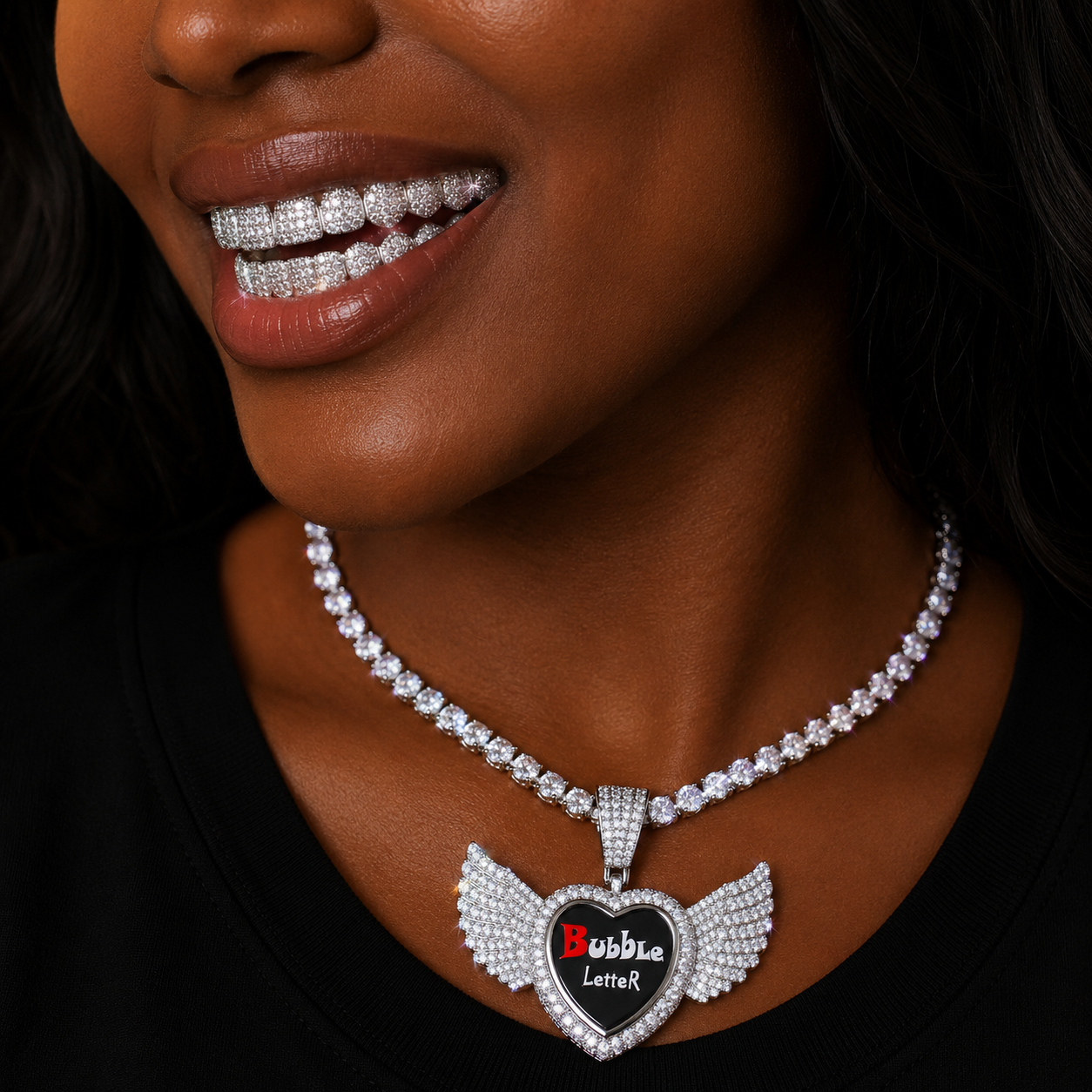 Bubble Letter Iced Out Angel Wing Rotating Heart Necklace Pendant for Women Custom Photo Chain Hip Hop Jewelry