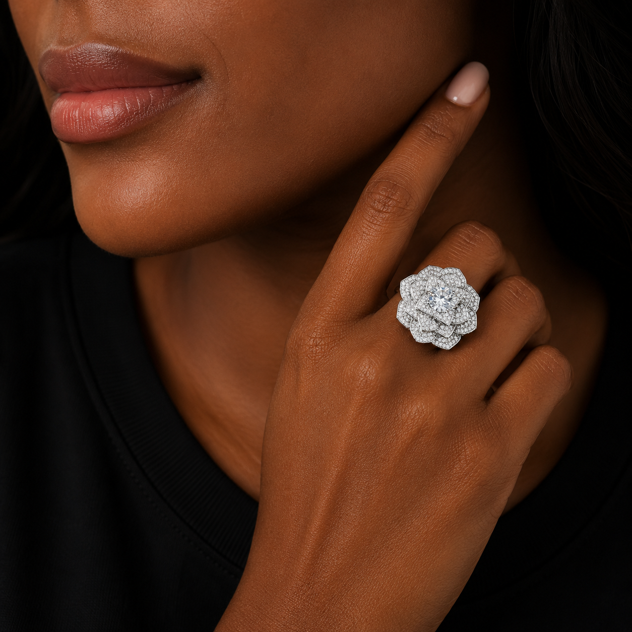 Bubble Letter Iced Out Rose Flower Ring for Women Micro Pave Cubic Zirconia Real Gold Plated Hip Hop Jewelry