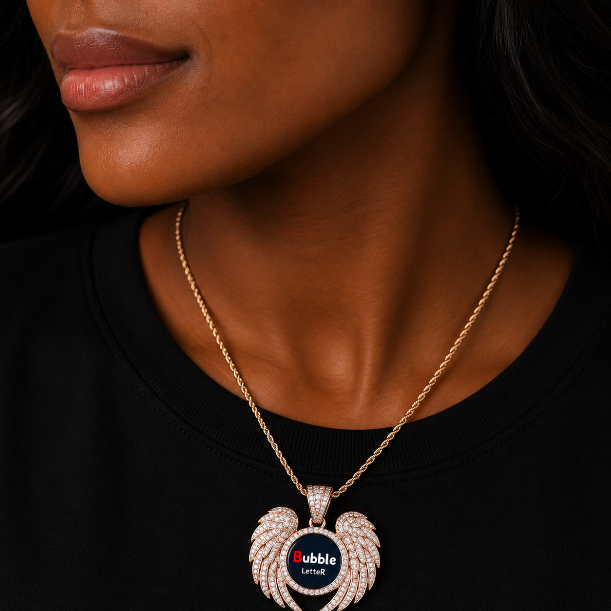 Bubble Letter Iced Out Angle Wing Pendant Necklace for Women Custom Photo Picture Chain Hip Hop Jewelry