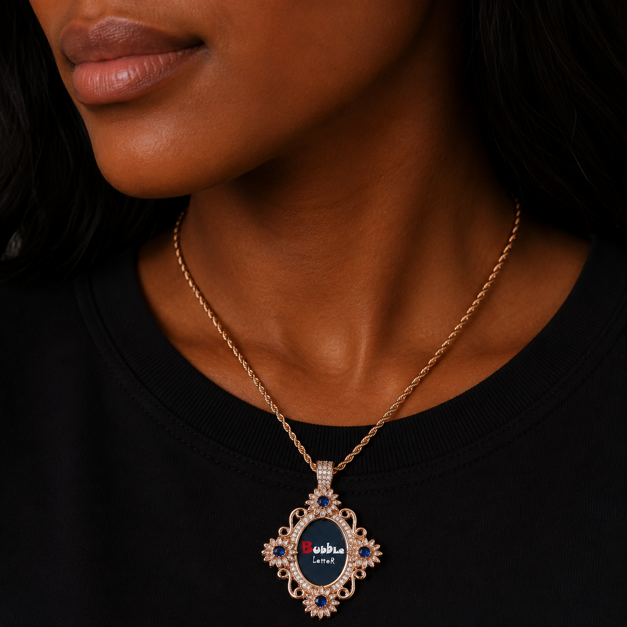 Bubble Letter Iced Out Makeup Mirror Shape Custom Photo Picture Necklace Pendant for Women Hip Hop Jewelry
