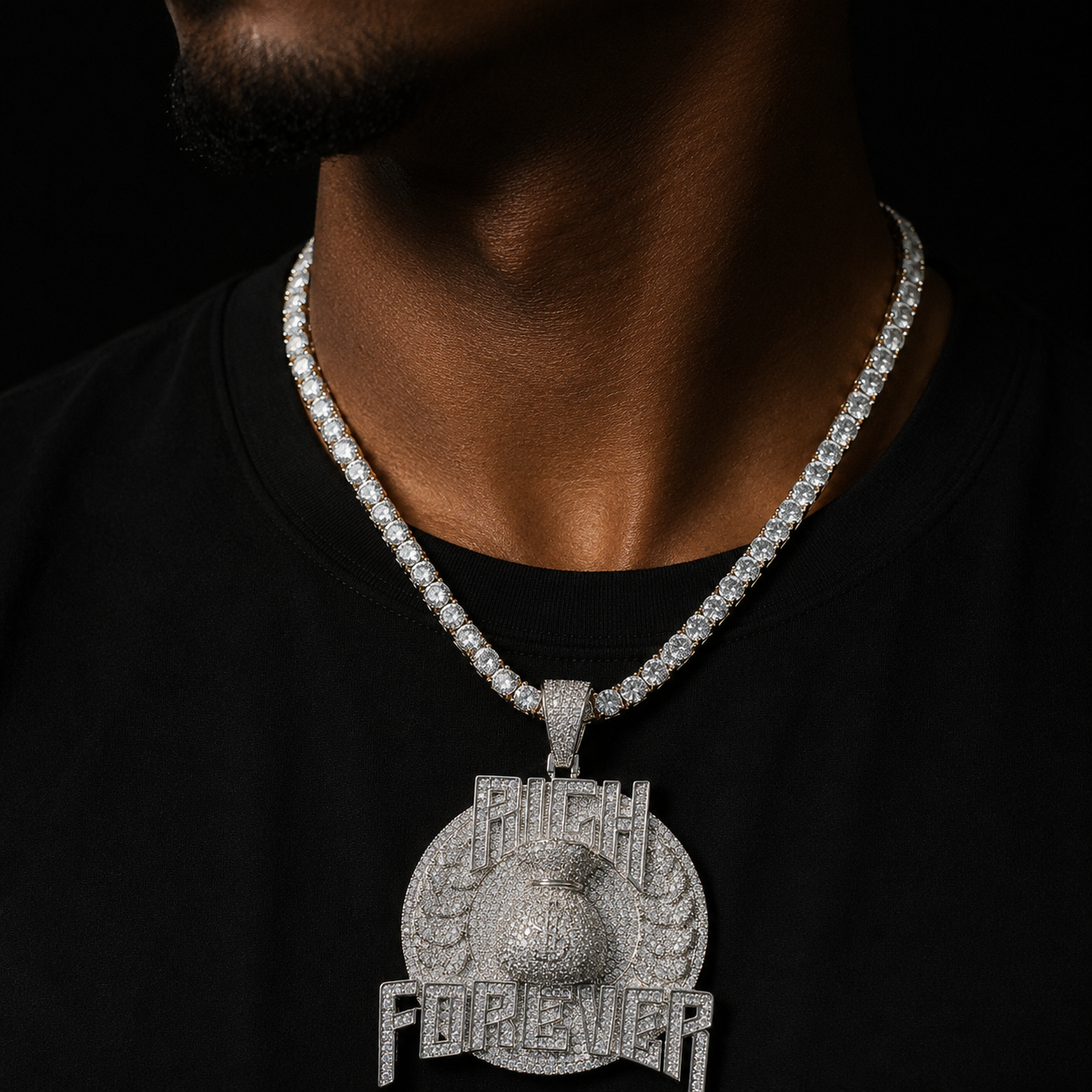 Bubble Letter Rich Forever Necklace for Men Iced Out Money Bag Pendant Real Gold Plated Bling Charms Hip Hop Jewelry