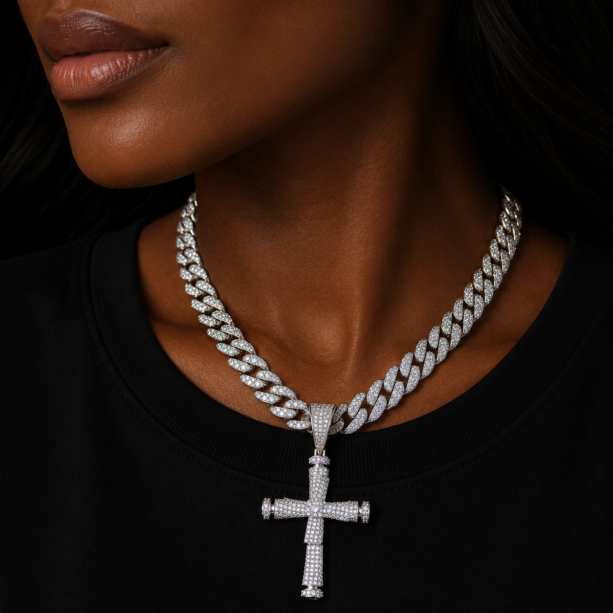 Bubble Letter Iced Out Cross Necklace for Women Prong Setting Cubic Zirconia Real Gold Plated Pendant Hip Hop Jewelry