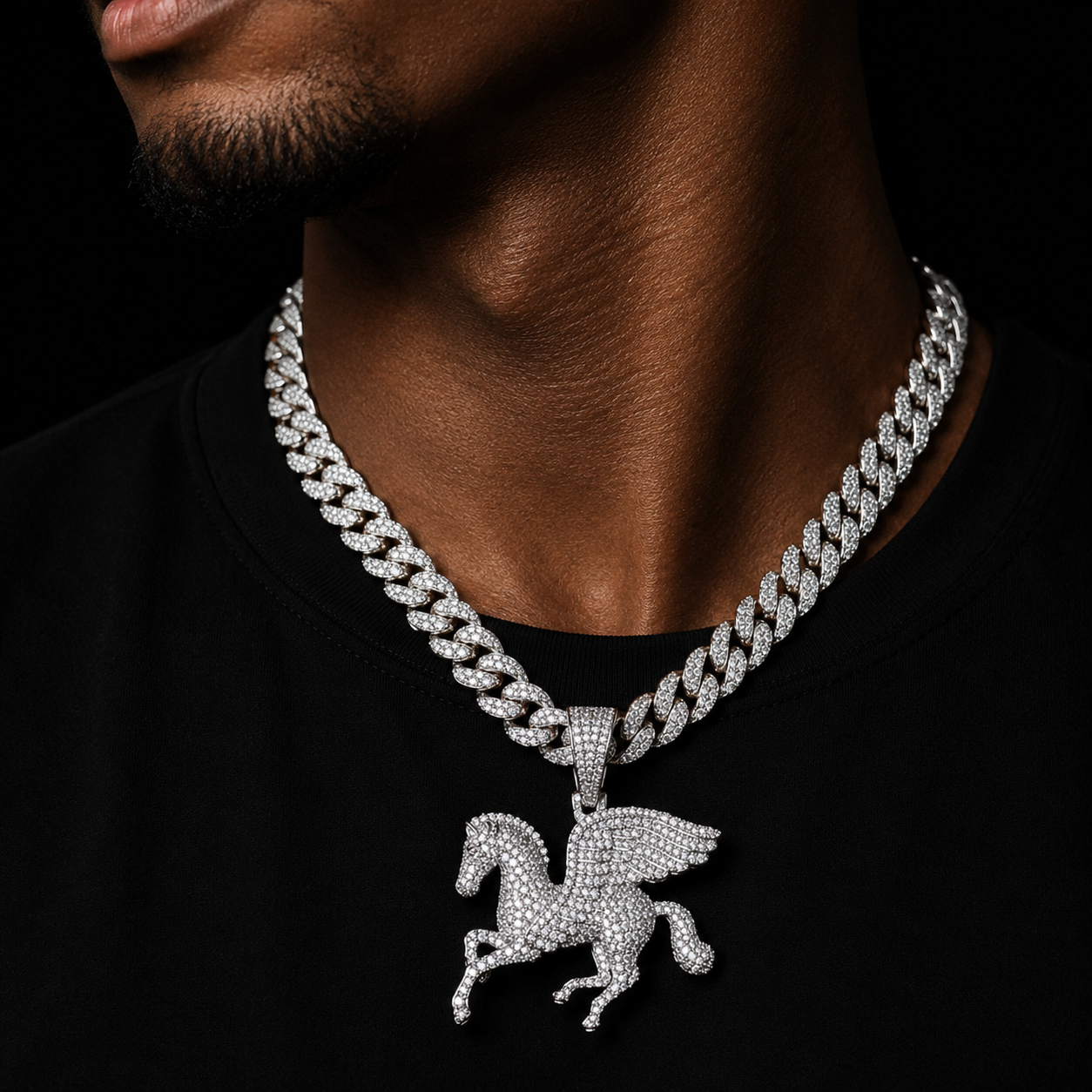 Bubble Letter Iced Out Wing Horse Necklace for Men Prong Setting Real Copper Pendant Hip Hop Jewelry