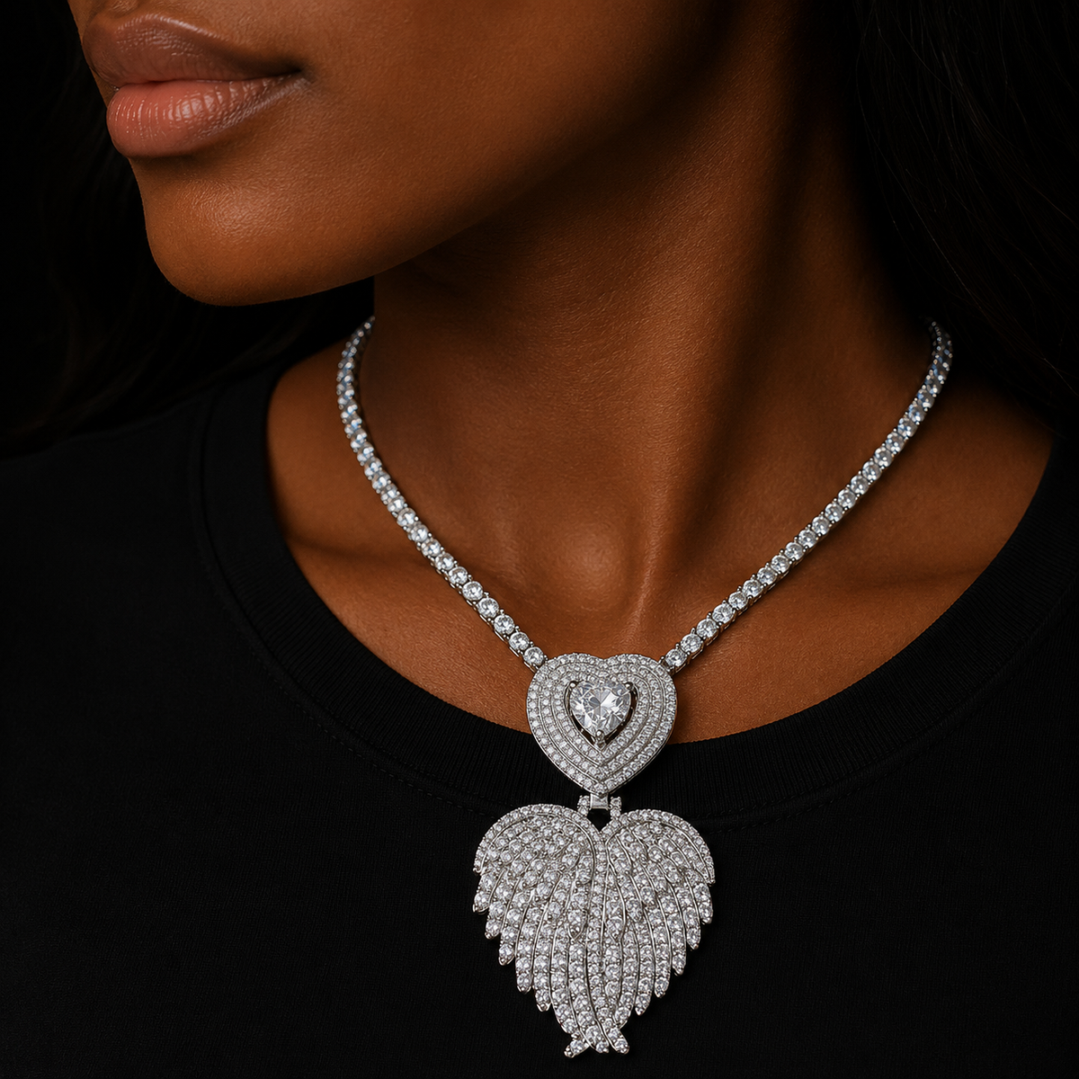 Bubble Letter Iced Out Necklace for Women Heart Bail Prong Wing Pendant Real Gold Plated Hip Hop Jewelry