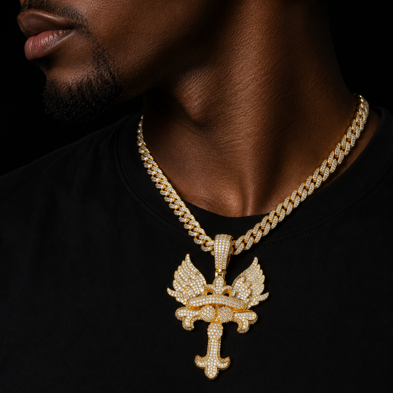 Bubble Letter Iced Out Pendant Prong Setting Wing Cross Necklace for Men Real Gold Plated Hip Hop Jewelry