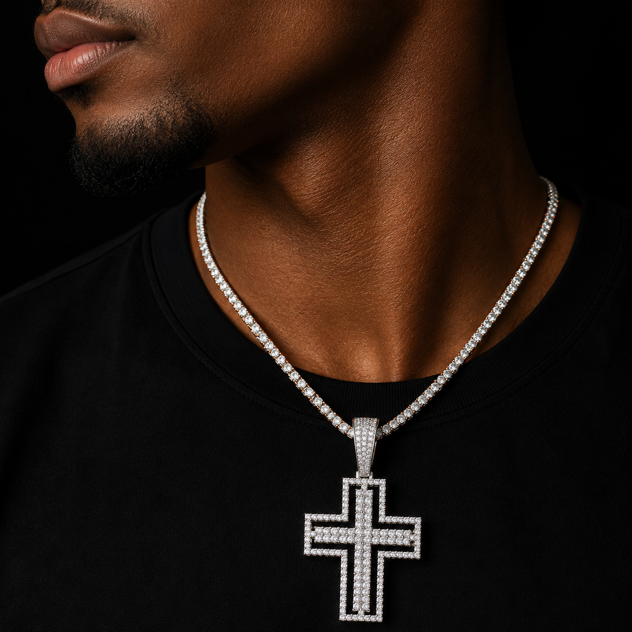 Bubble Letter Iced Out Hollow Cross Necklace for Men Prong Setting Pendant Copper Material Real Gold Plated Hip Hop Jewelry