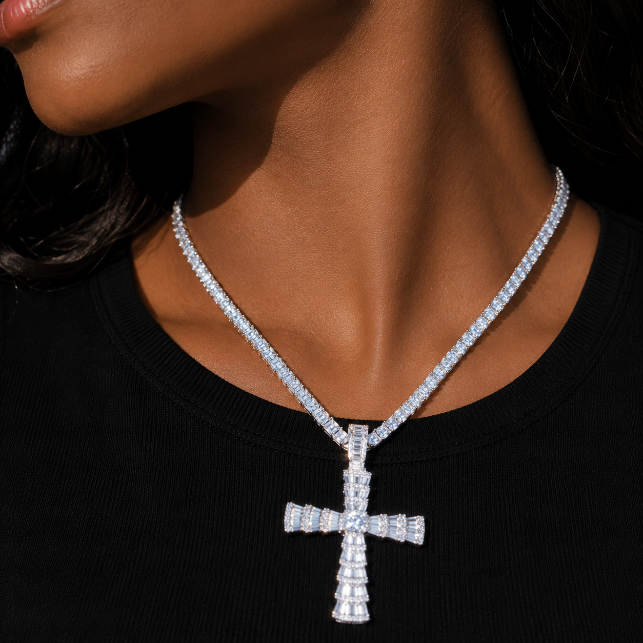 Bubble Letter Baguette Cross Necklace for Women Cubic Zirconia Real Copper Gold Plated Hip Hop Jewelry
