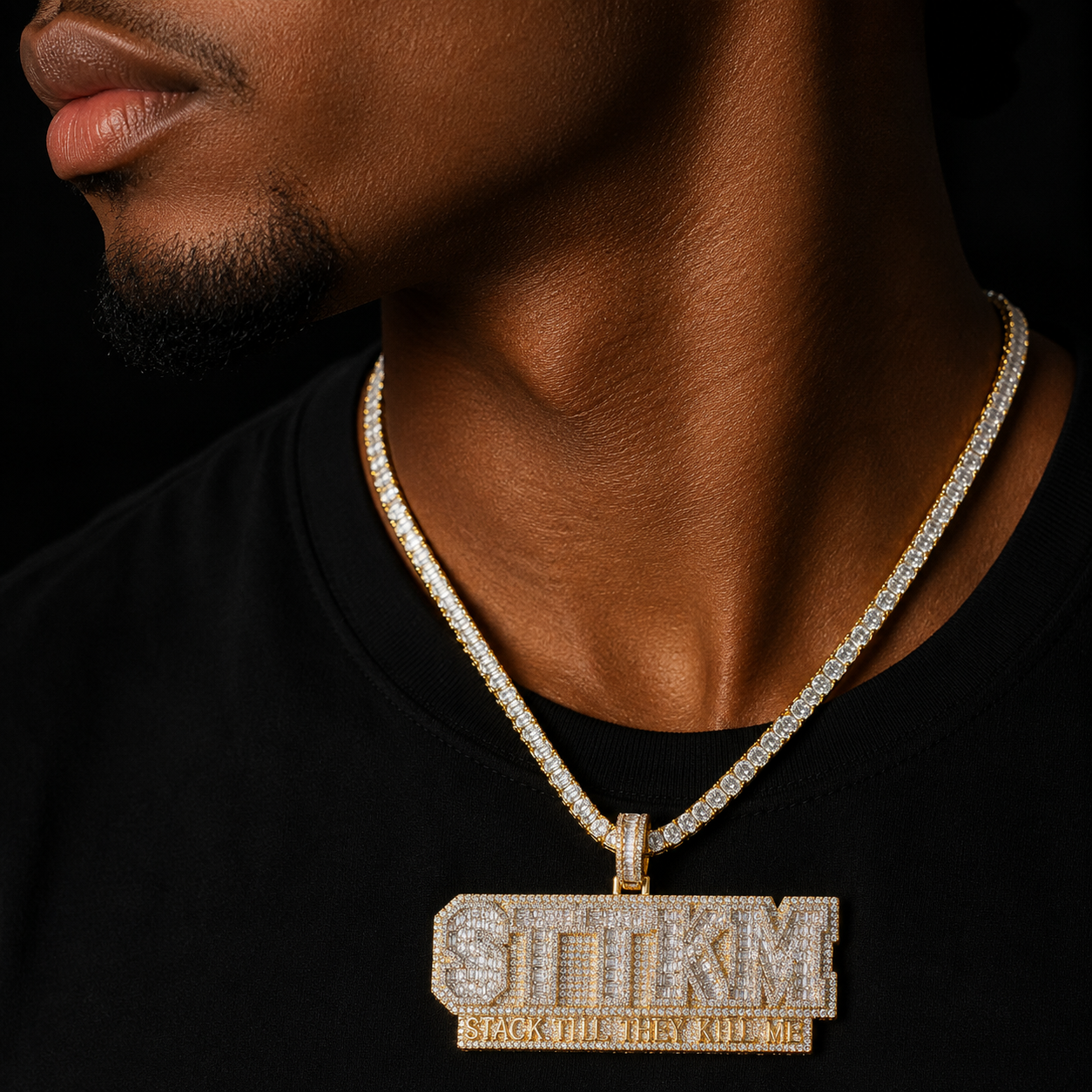 Bubble Letter Iced Out Necklace for Men Stack Till They Kill Me Pendant 5A Cubic Ziconia Real Gold Plated Hip Hop Jewelry