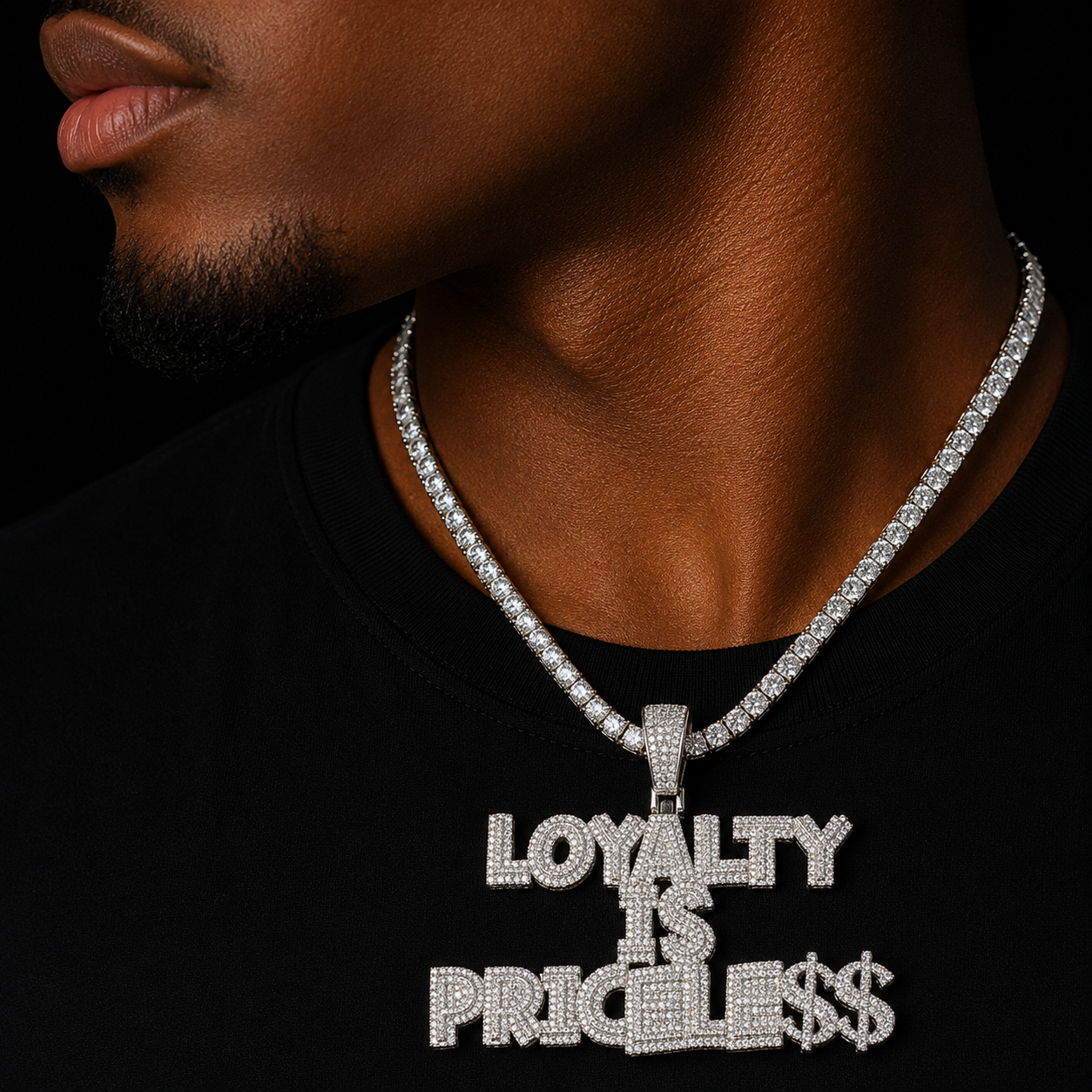 Bubble Letter Prong Setting Necklace for Men Iced Out Loyalty Is Priceless Pendant Hip Hop Jewelry