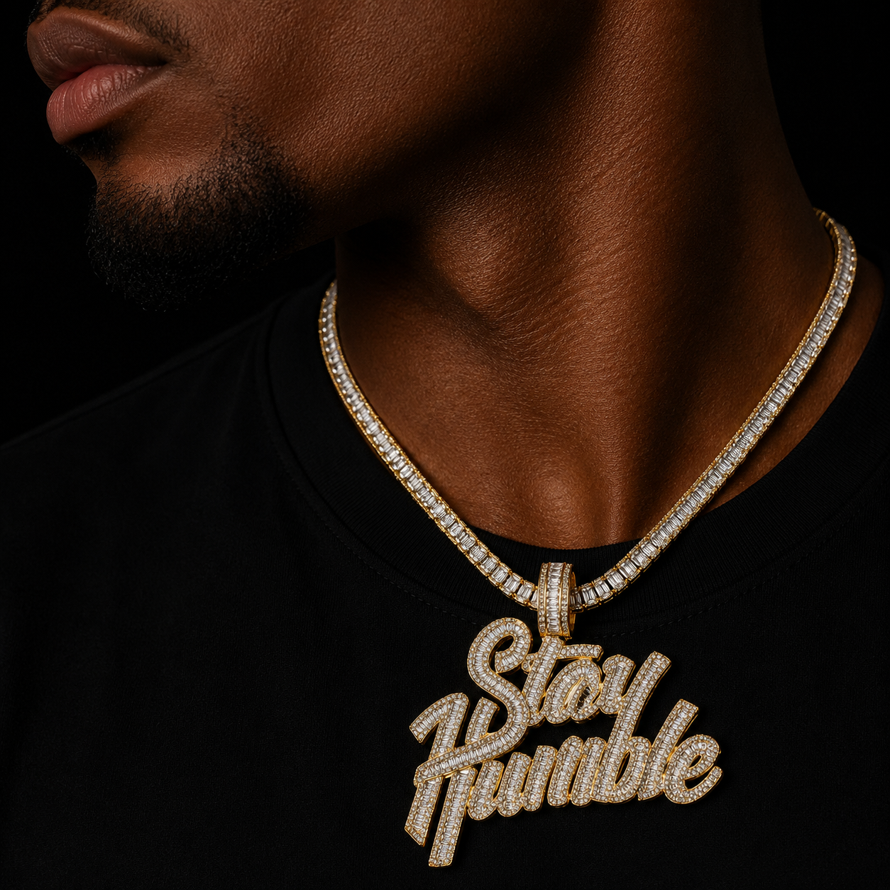 Bubble Letter Stay Humble Necklace for Men Iced Out Pendant Real Gold Plated Cubic Zirconia Hip Hop Jewelry