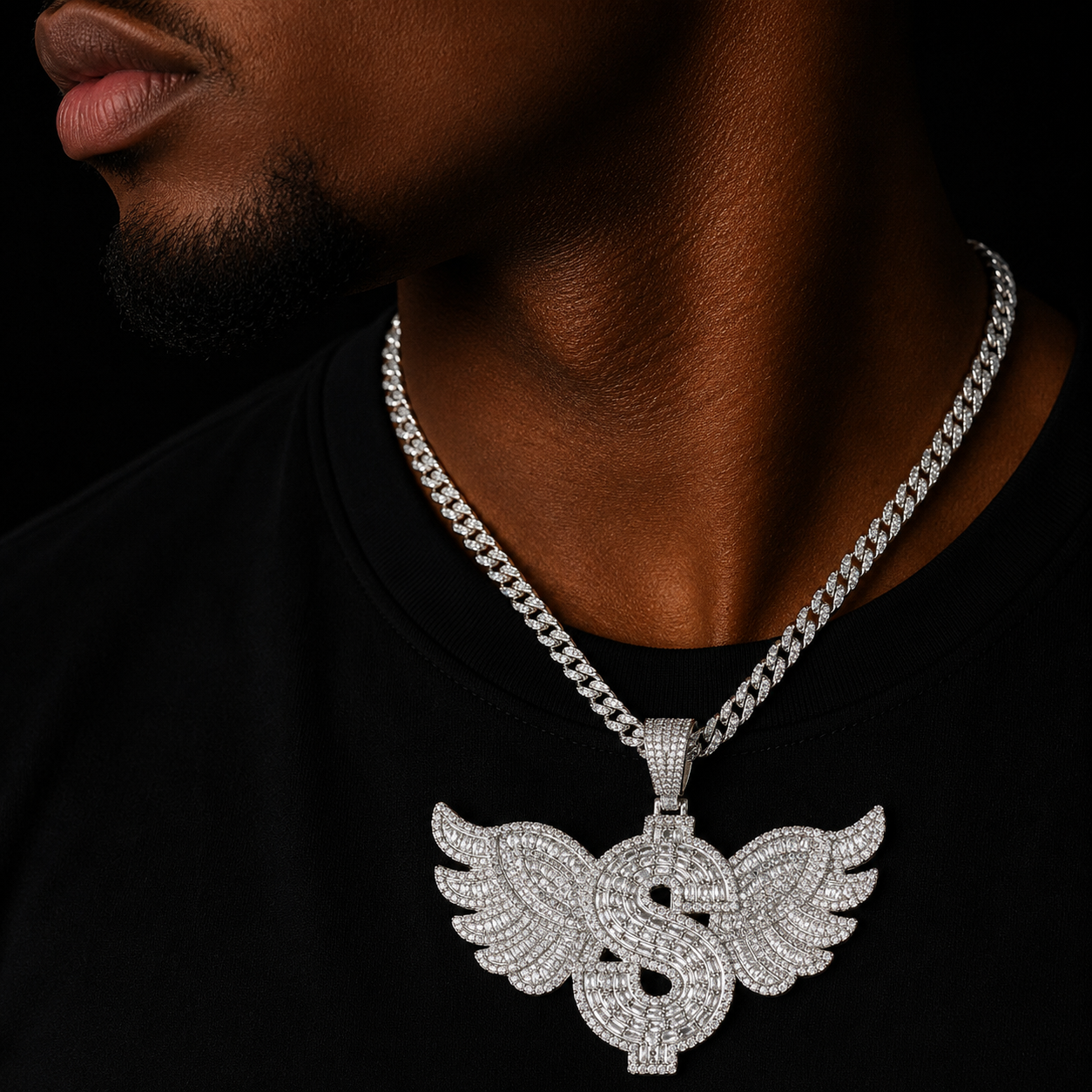 Bubble Letter Dollar Symbol Wing Necklace Pendant for Men Cubic Zirconia Real Copper Gold Plated Hip Hop Jewelry