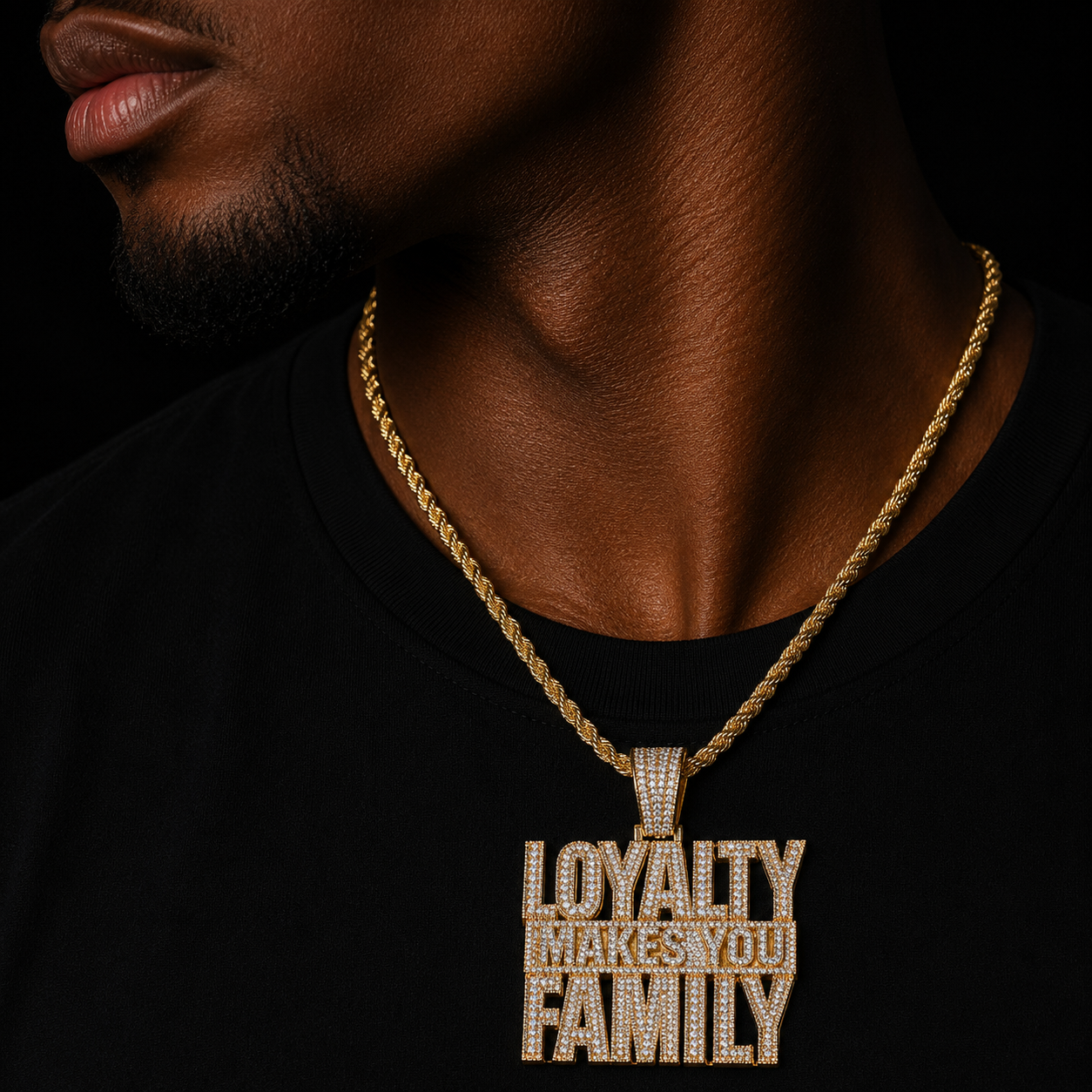 Bubble Letter Iced Out Necklace for Men Prong Setting Loyalty Makes You Family Pendant Hip Hop Jewelry