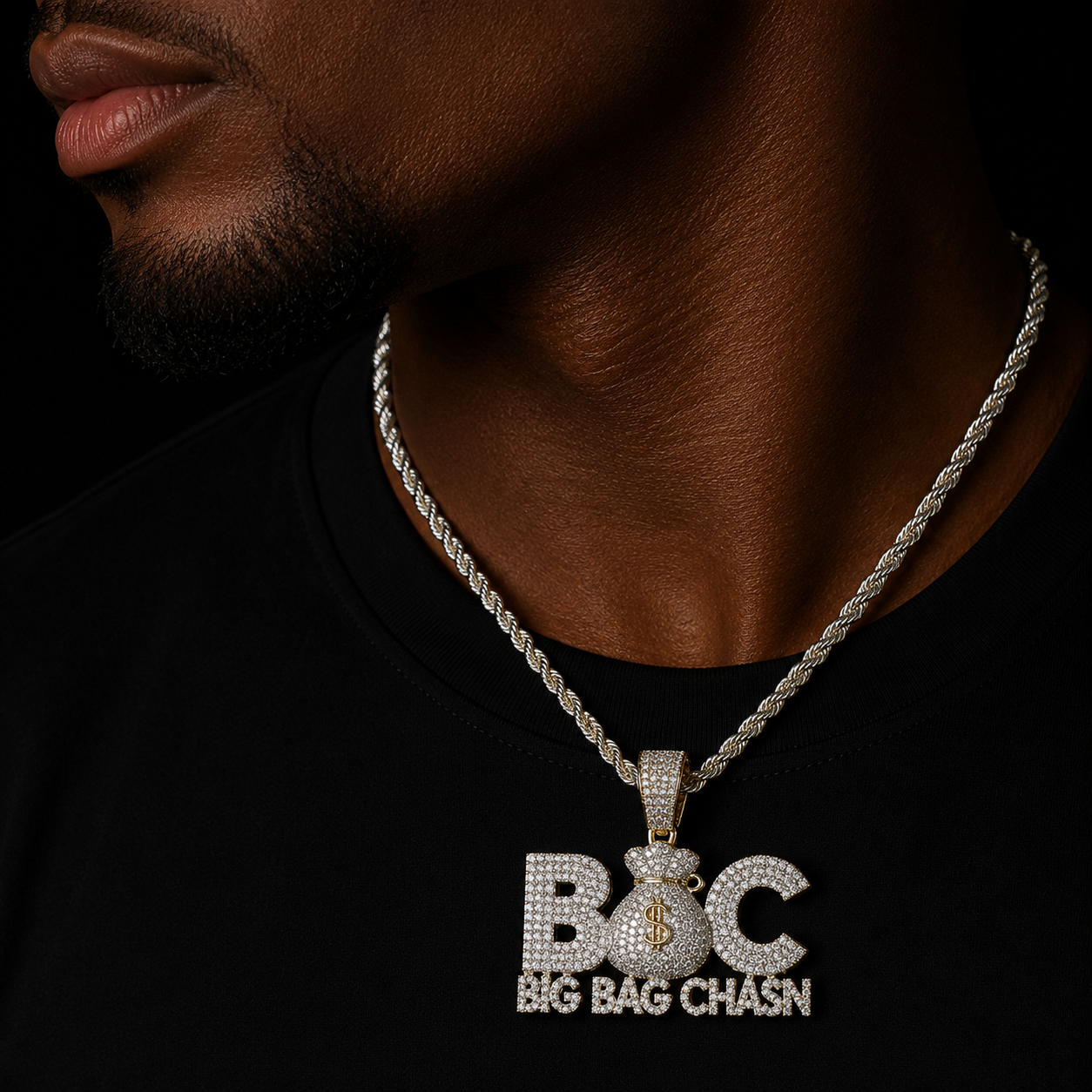 Bubble Letter Prong Necklace for Men Iced Out Pendant Big Bag Chase Charms Hip Hop Jewelry