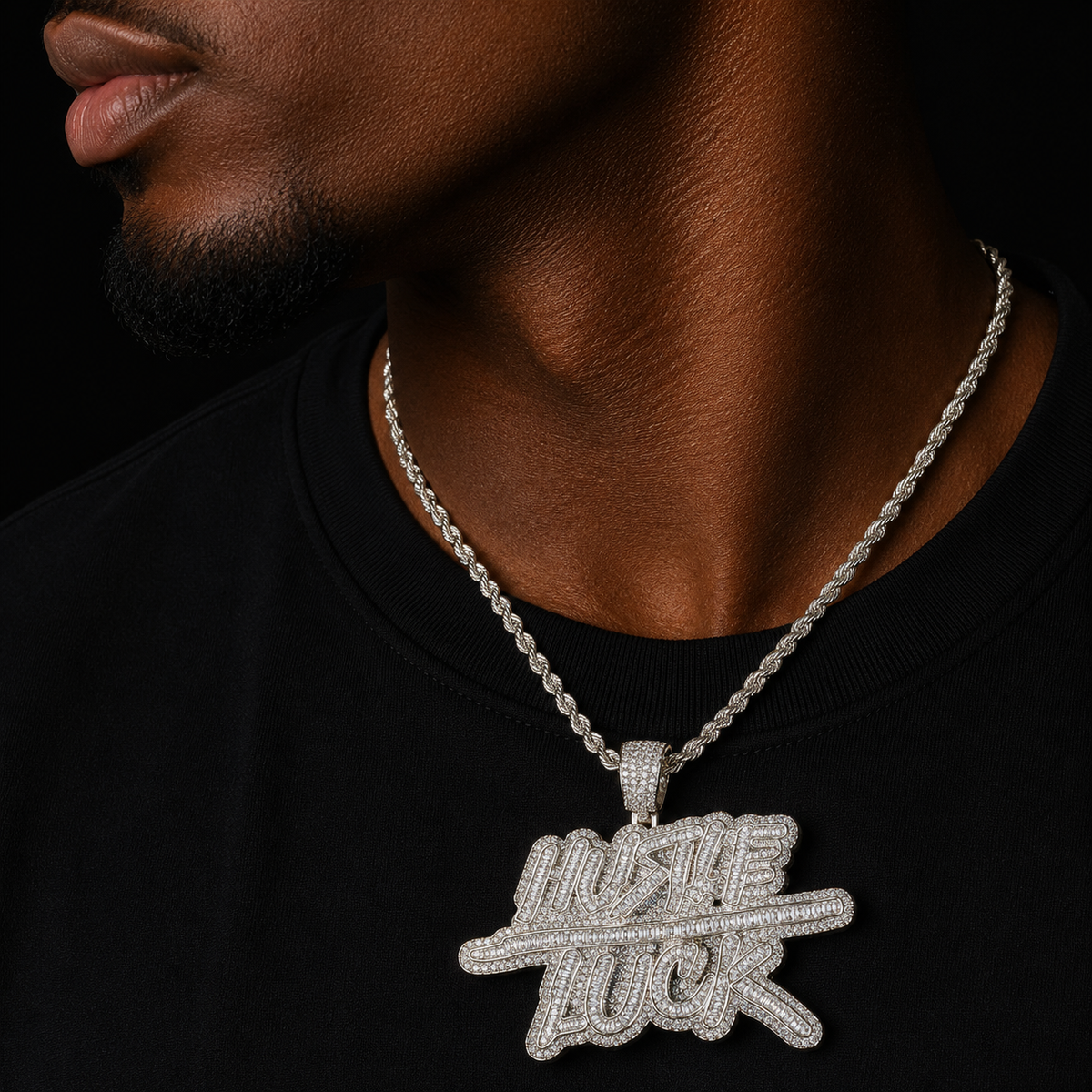 Bubble Letter Iced Out Hustle Luck Necklace Pendant for Men Real Gold Plated Cubic Zirconia Hip Hop Jewelry
