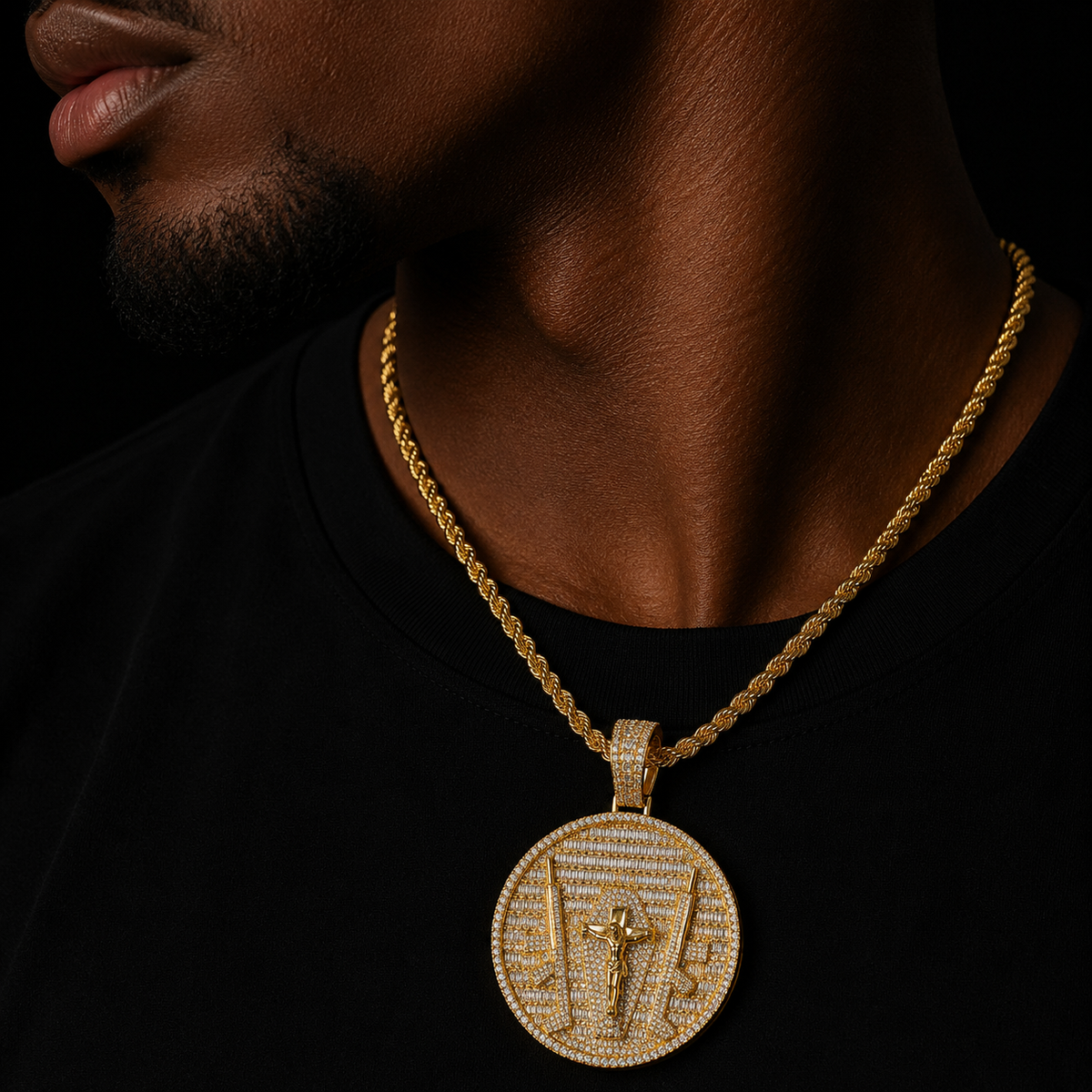 Bubble Letter Solid Back Necklace Iced Out Pendant Gun Jesus Big Circle Charms Real Gold Plated Hip Hop Jewelry 2022 Trend