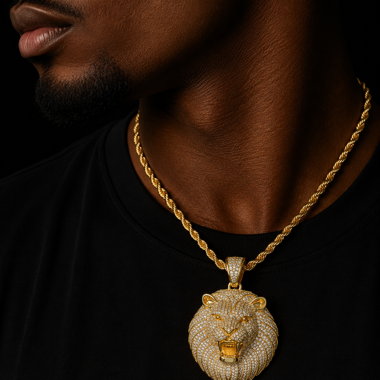 Bubble Letter Iced Out Lion Head Necklace Prong Pendant Cubic Zirconia Real Gold Plated Hip Hop Jewelry