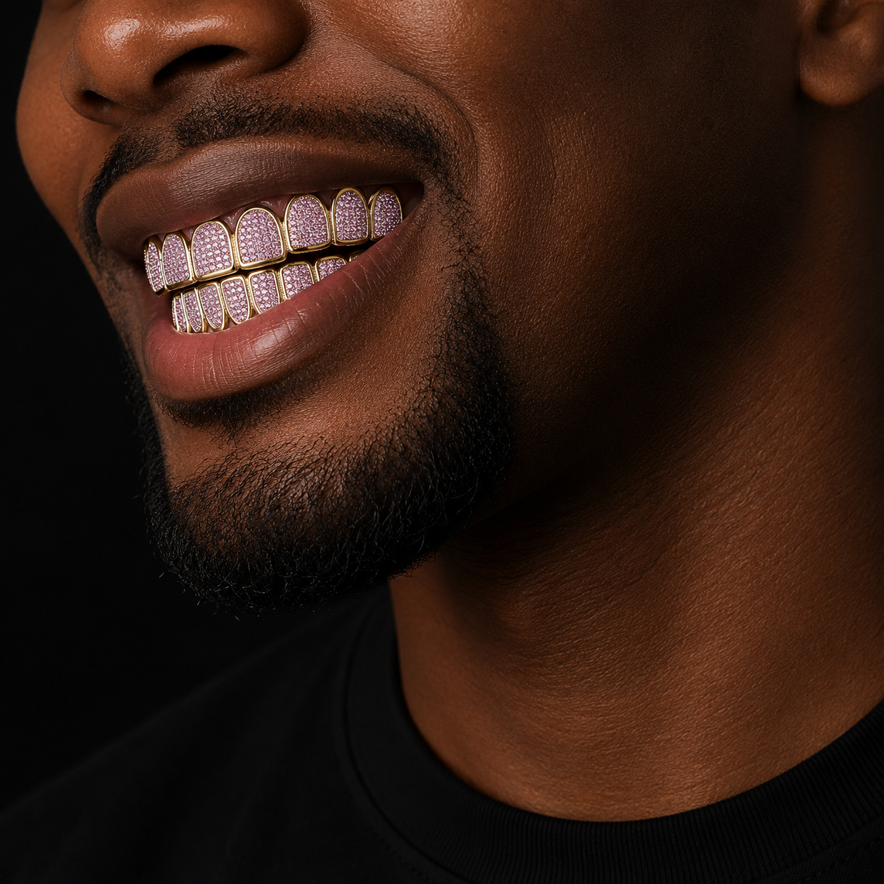 Hip Hop teeth Grillz Iced Out AAA Pink Color Zircon Fang Mouth Teeth Caps Top & Bottom Tooth Set Men Women Grills Jewelry