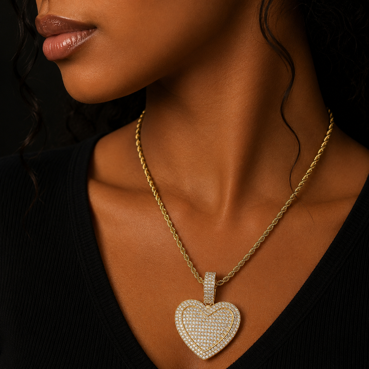 Bubble Letter Iced Out Heart Necklace for Women Cubic Zirconia Prong Setting Pendant Real Gold Plated Hip Hop Jewelry