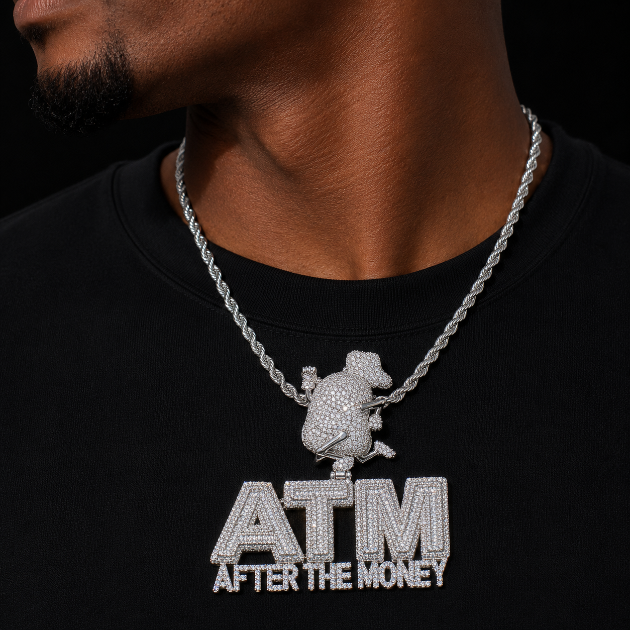 Bubble Letter Iced Out Necklace for Men After The Money Pendant Cute Money Bag Bail Hip Hop Jewelry